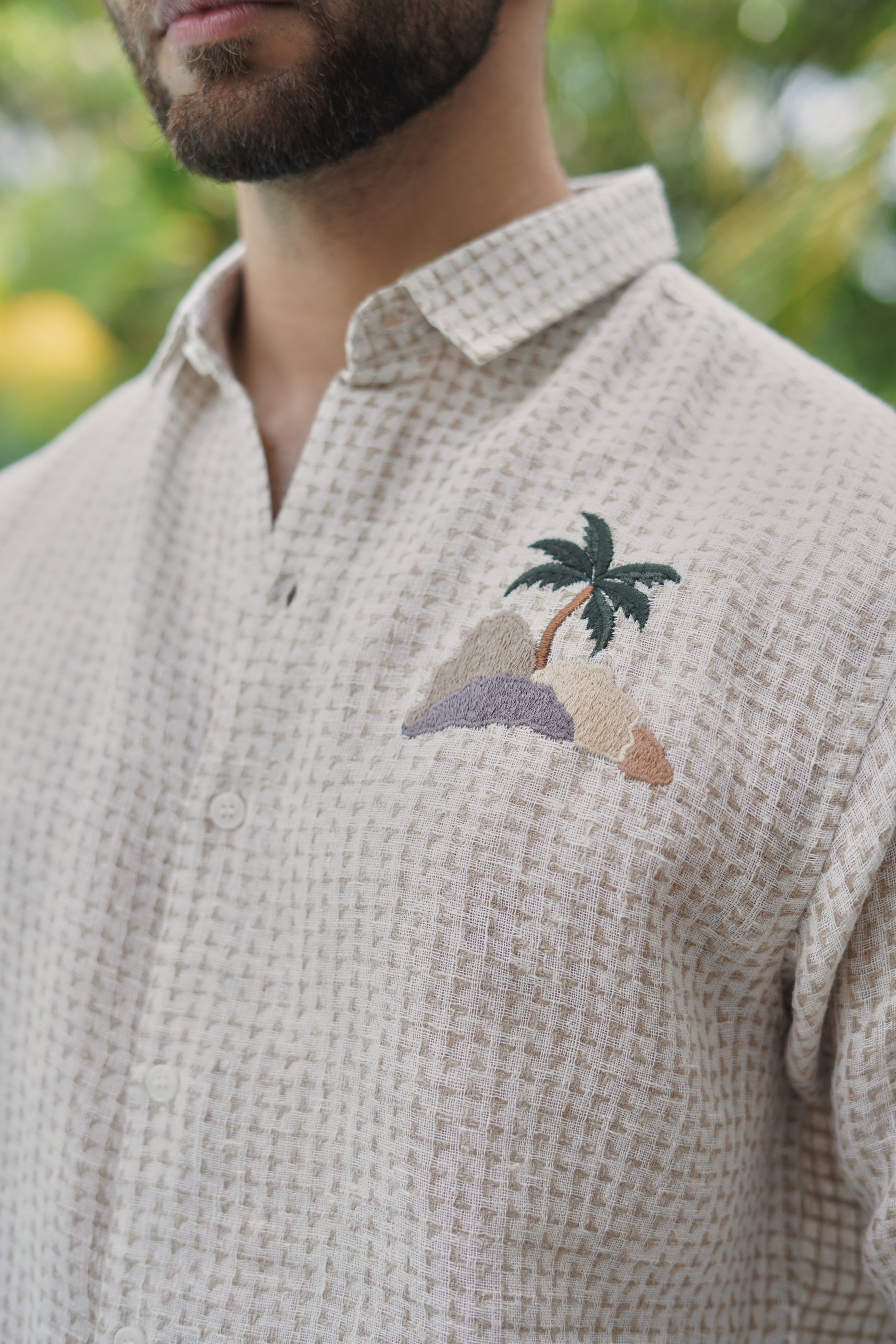 Island Escape Waffle Textured Palm Embroidery Shirt