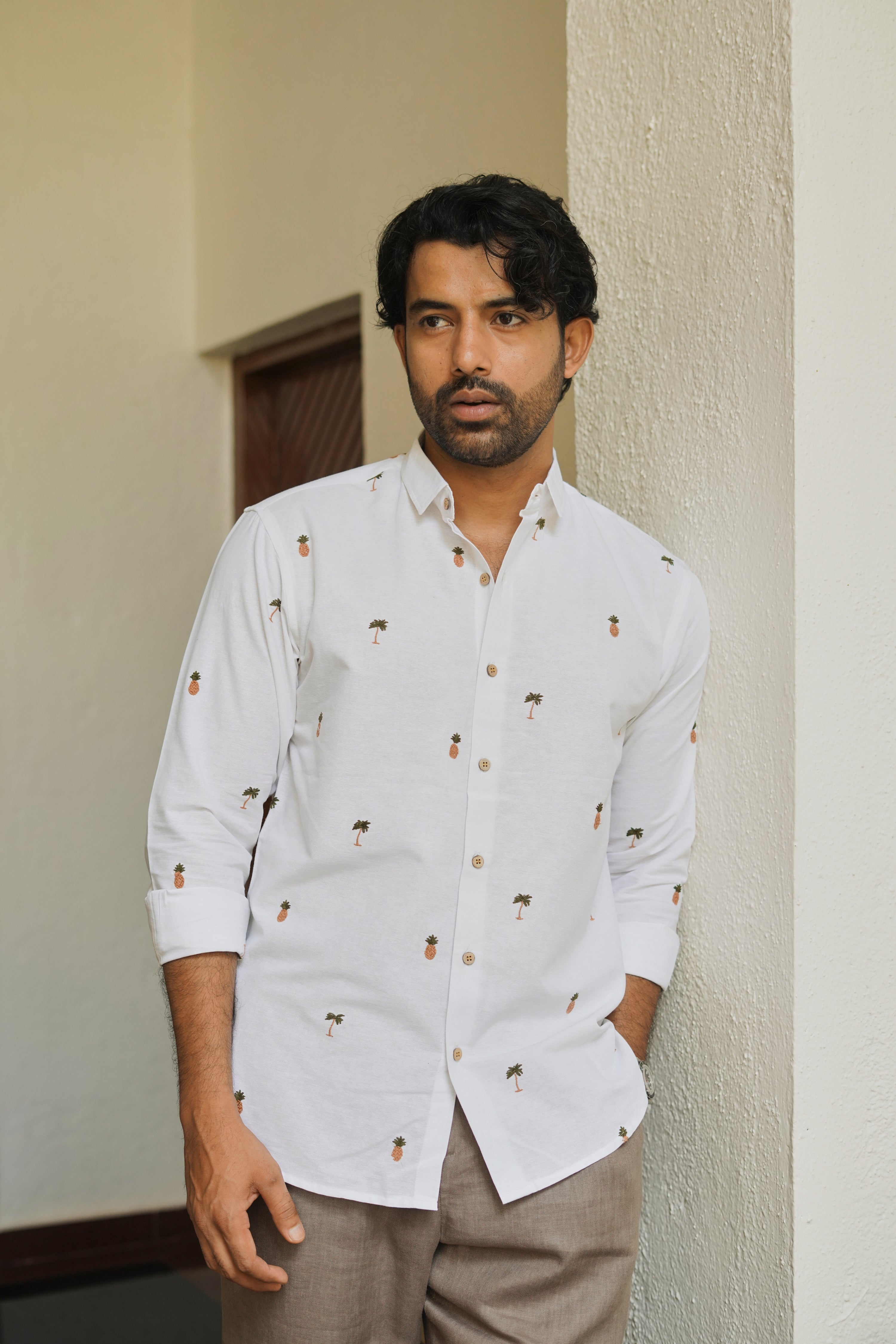 Tropic Grove White Embroidered Shirt