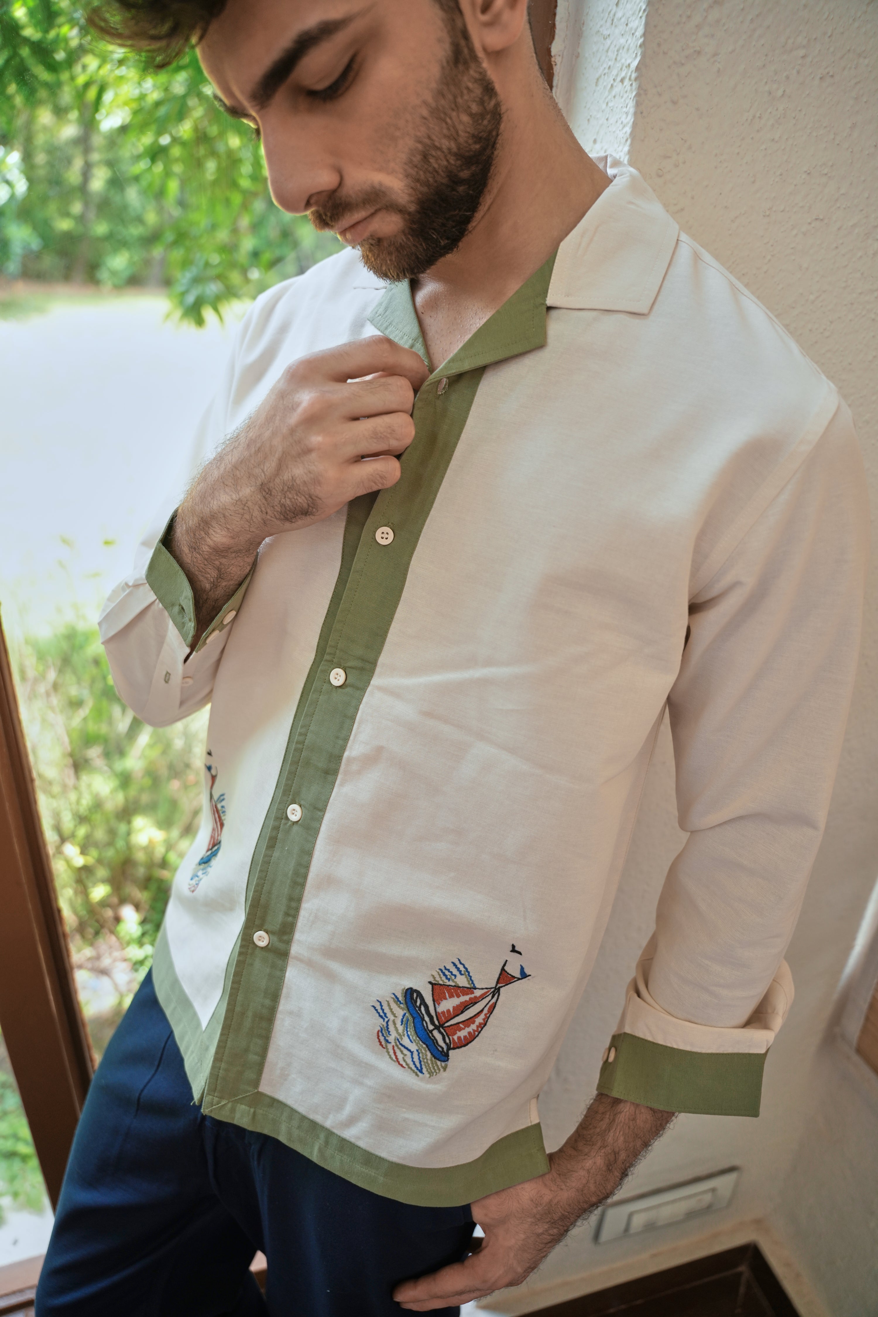 Seaside Sails Cotton Box Fit Cream Embroidered Shirt