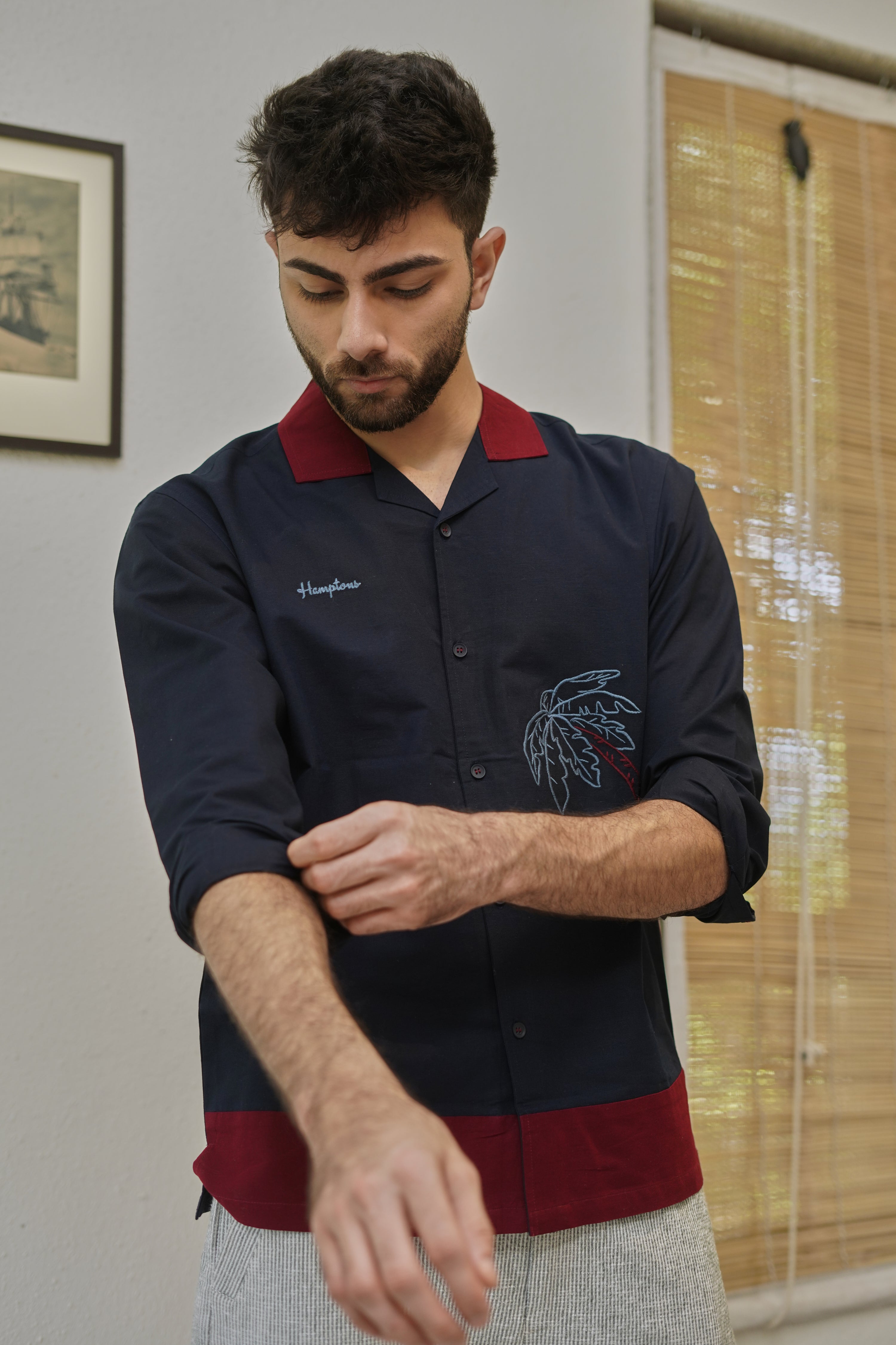 Midnight in Majorda Embroidered Palm Shirt with Wine Collar