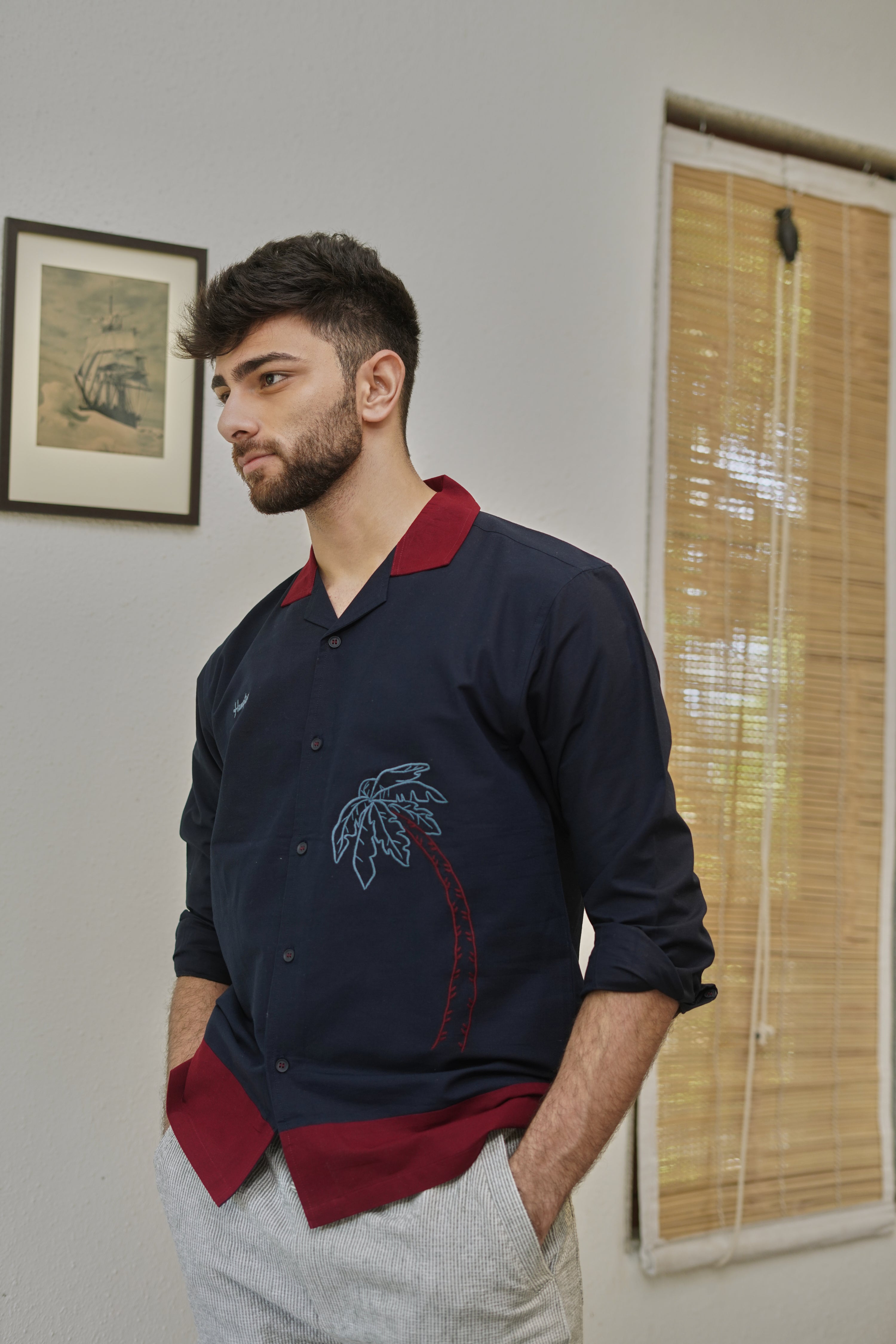 Midnight in Majorda Embroidered Palm Shirt with Wine Collar