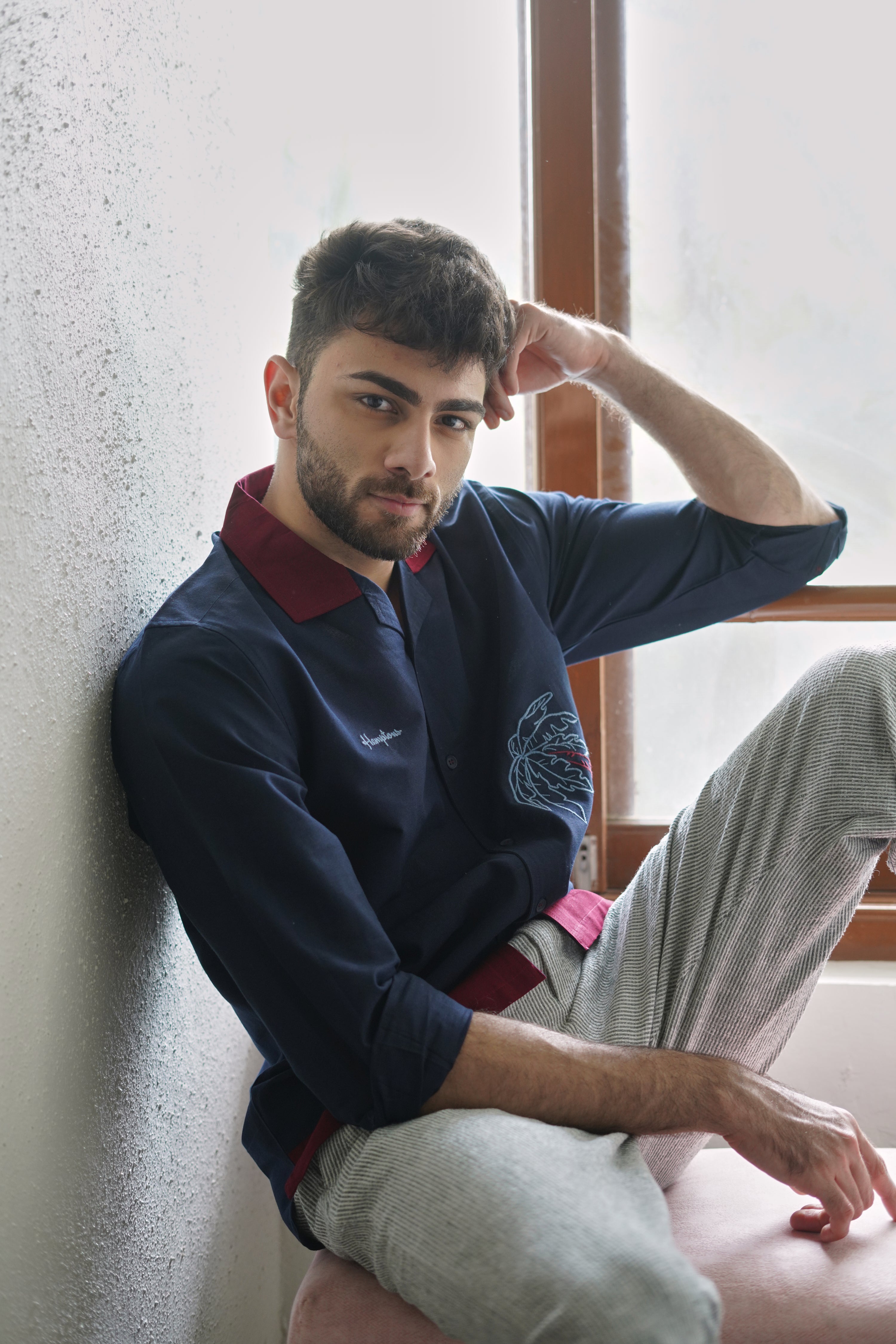 Midnight in Majorda Embroidered Palm Shirt with Wine Collar