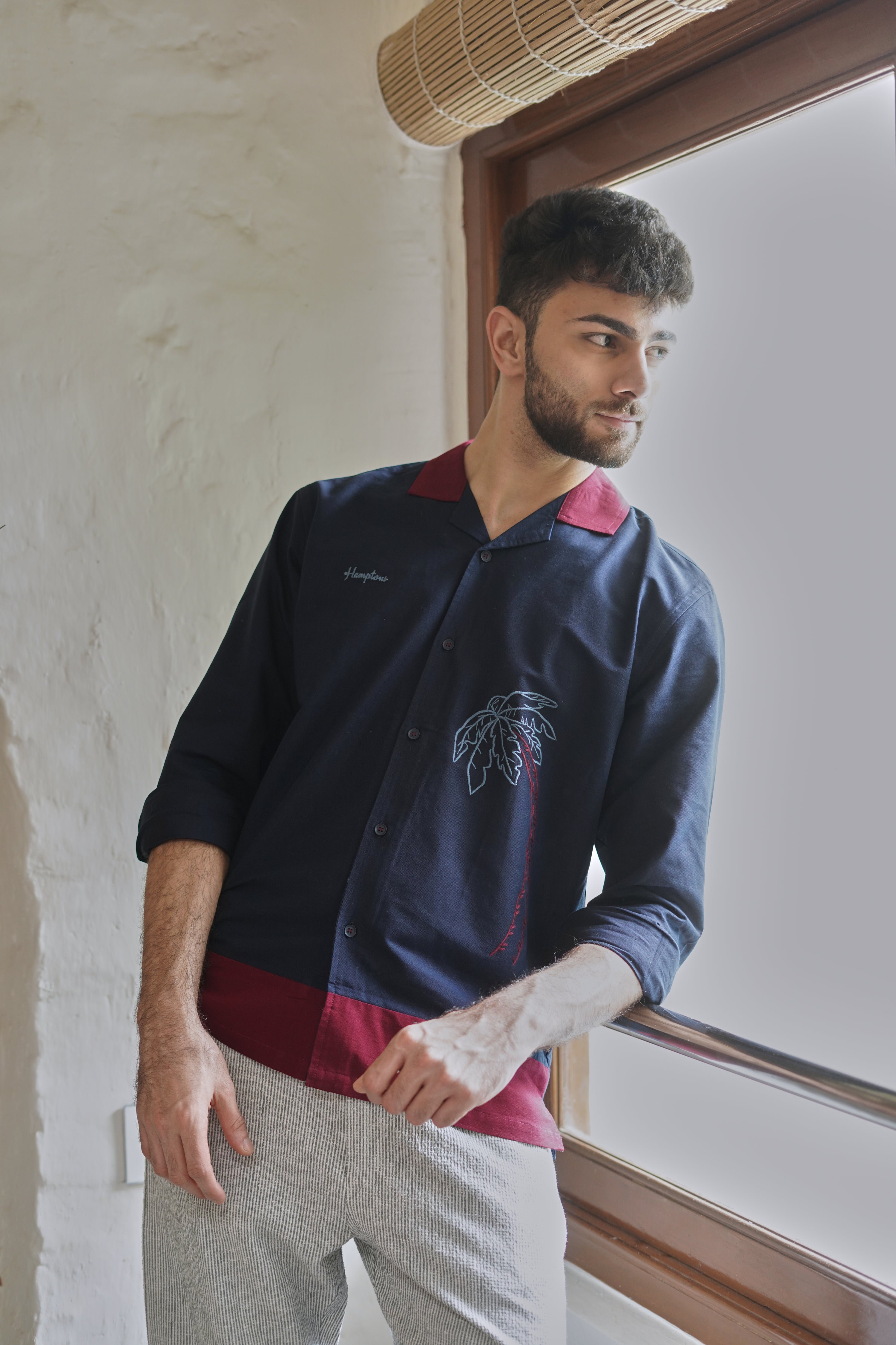 Midnight in Majorda Embroidered Palm Shirt with Wine Collar