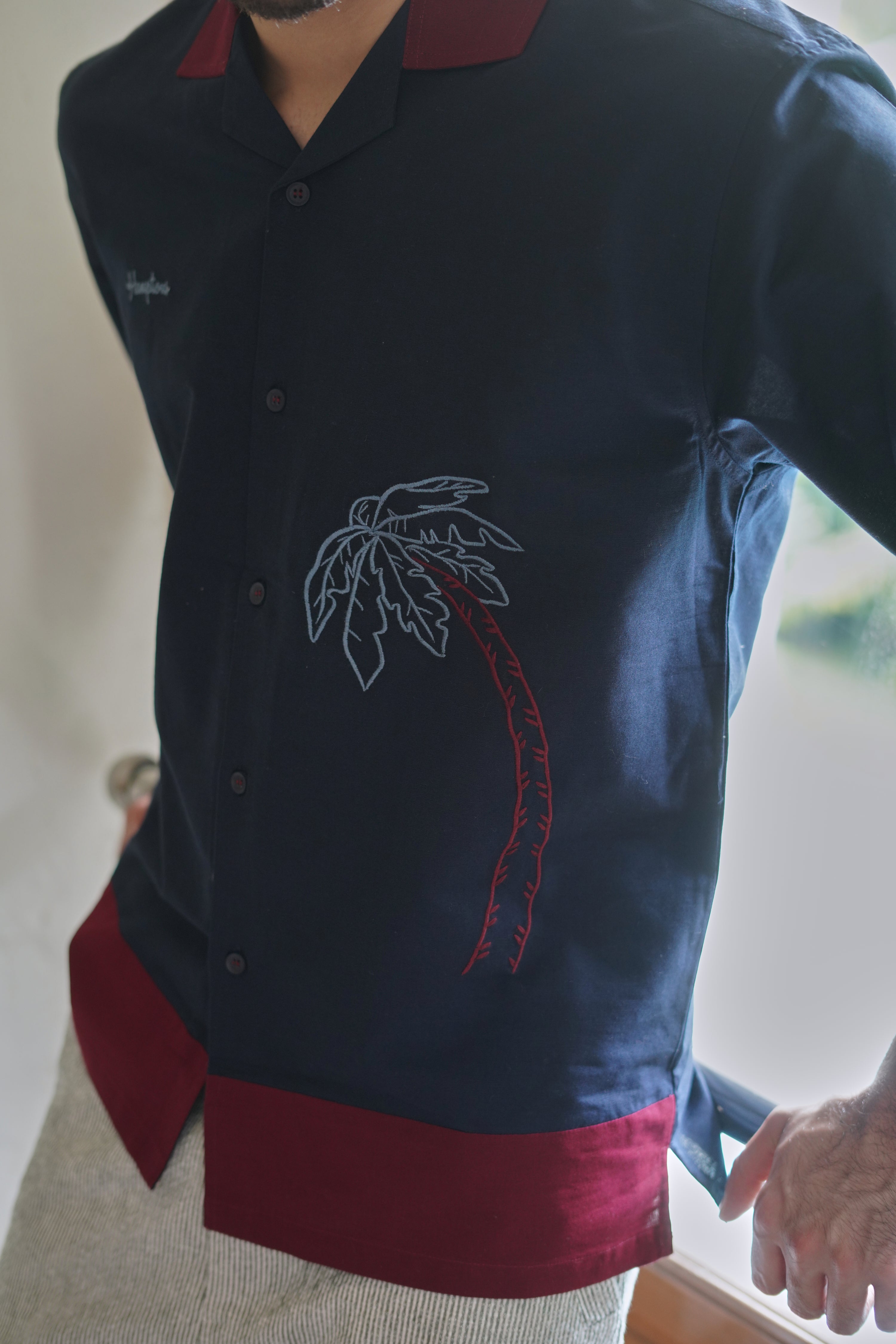 Midnight in Majorda Embroidered Palm Shirt with Wine Collar