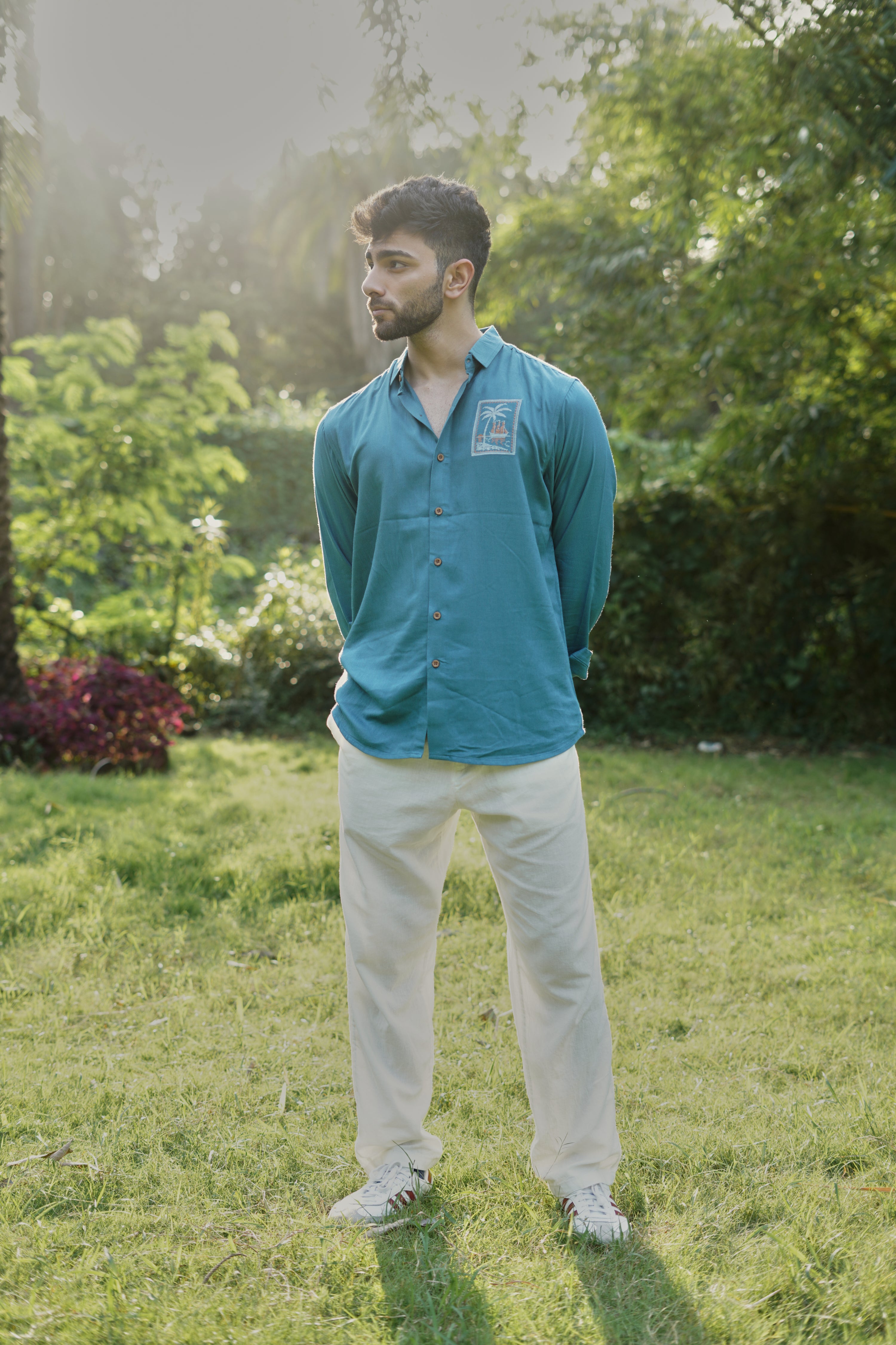 Teal Coastal Emblem Embroidered Cotton Shirt