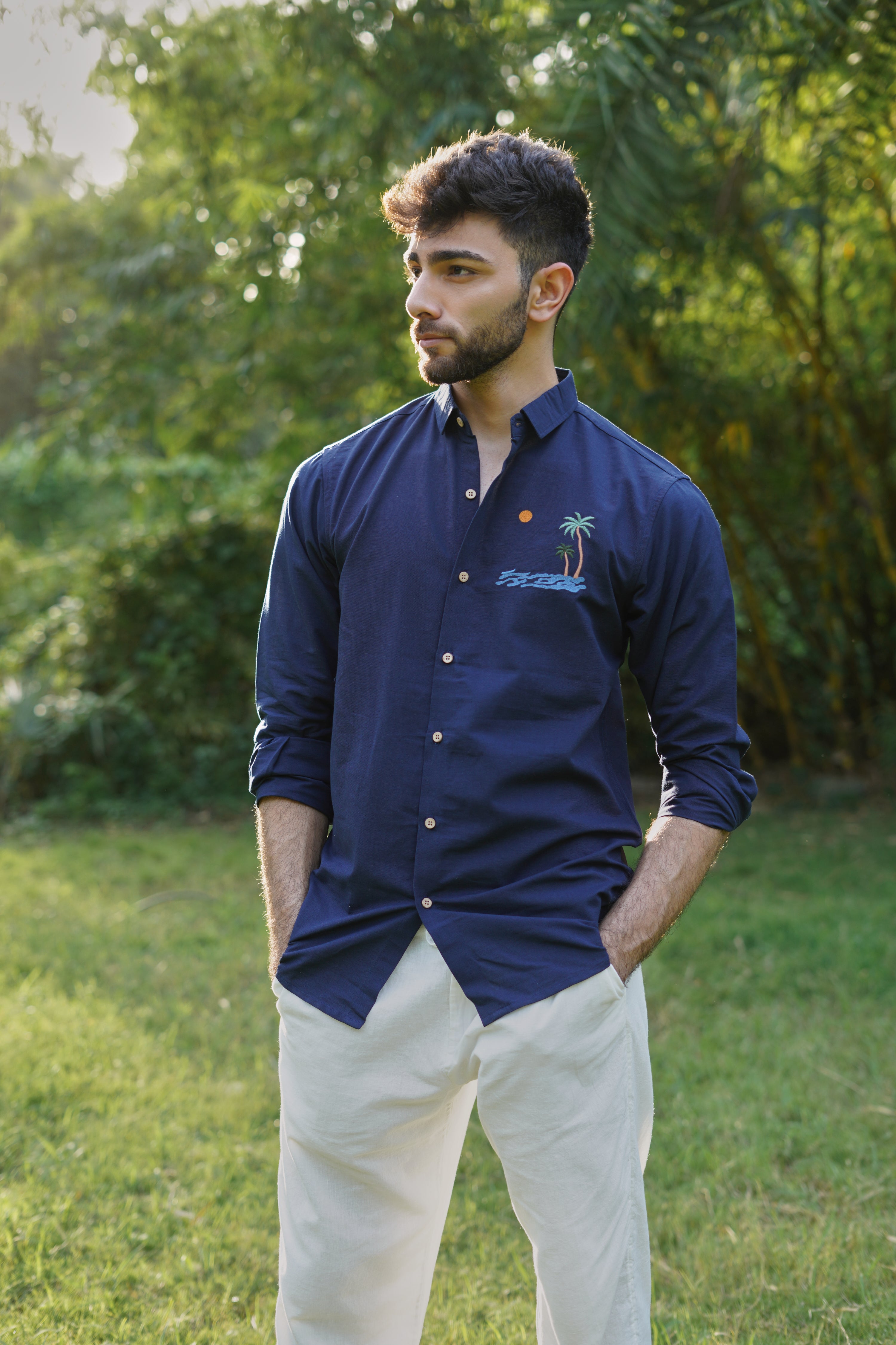 "Tides & Palms" Embroidered Navy Shirt