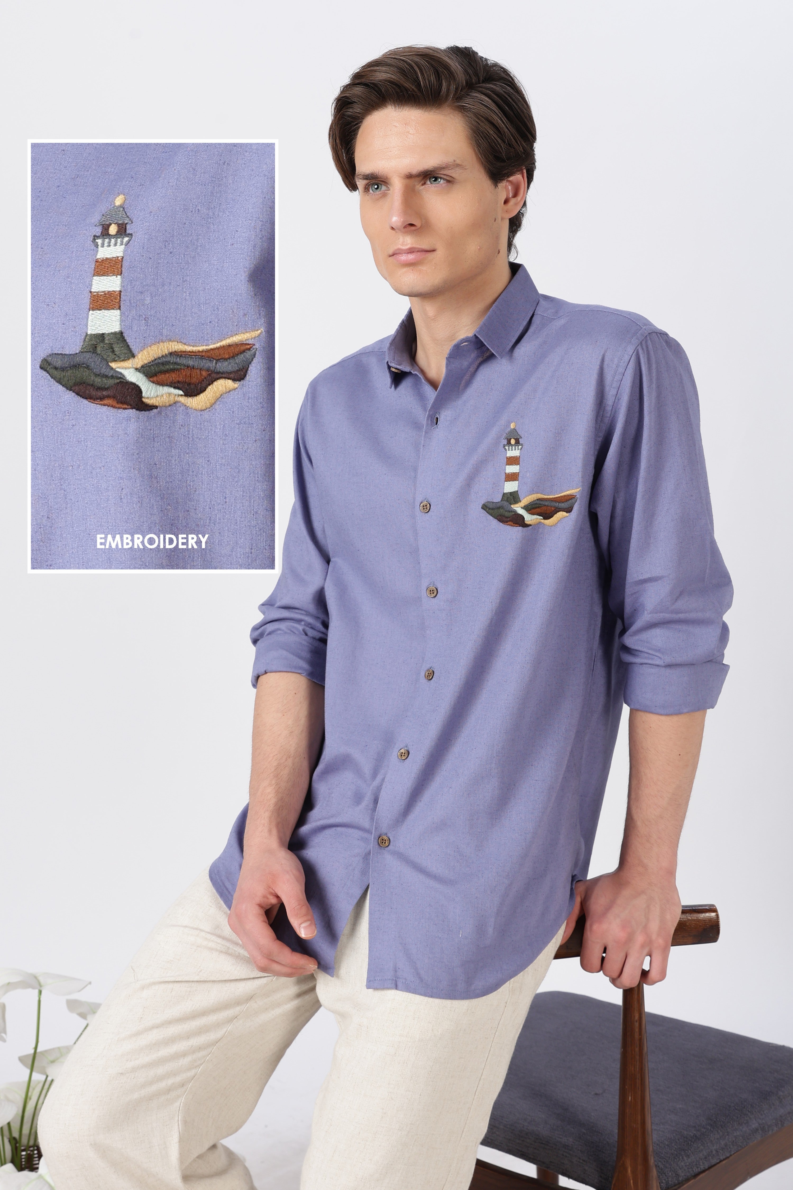 Harbor Lighthouse Cotton Regular Fit Purple Embroidery Shirt