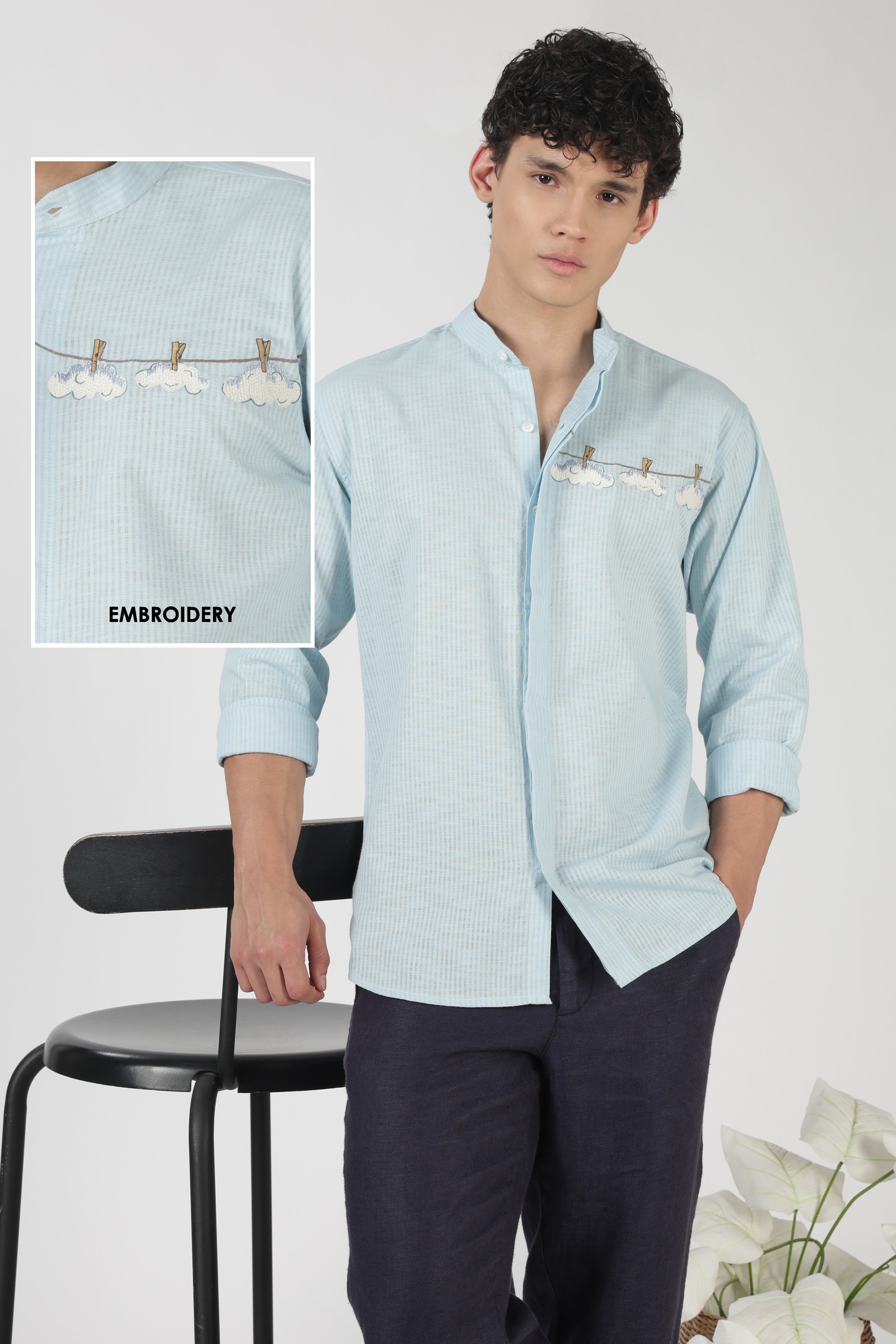 Cloudline Cotton Regular Fit Sky Blue Embroidered Shirt