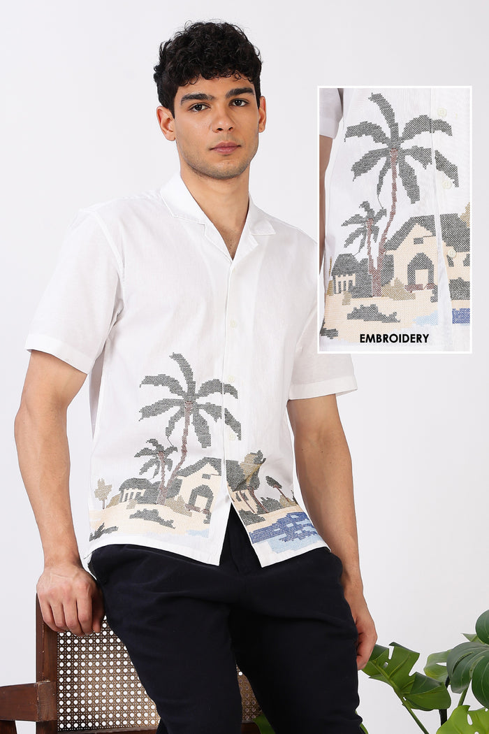 Coastal Haven Cotton Box Fit White Embroidered Shirt