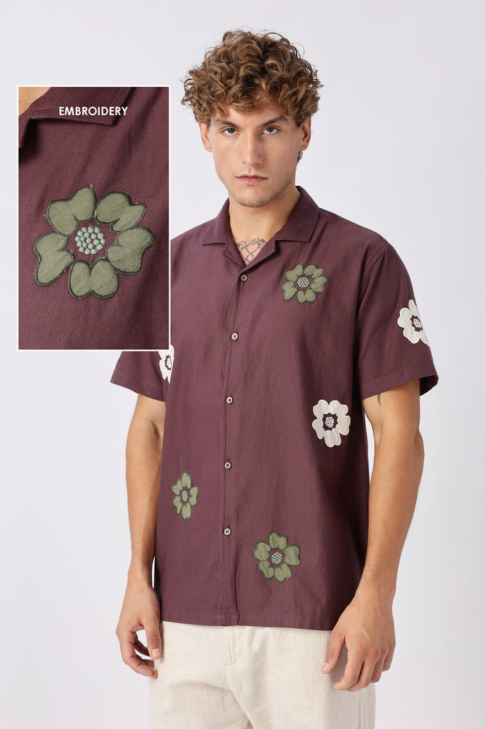Bloom Cotton Box Fit Wine Embroidered Shirt