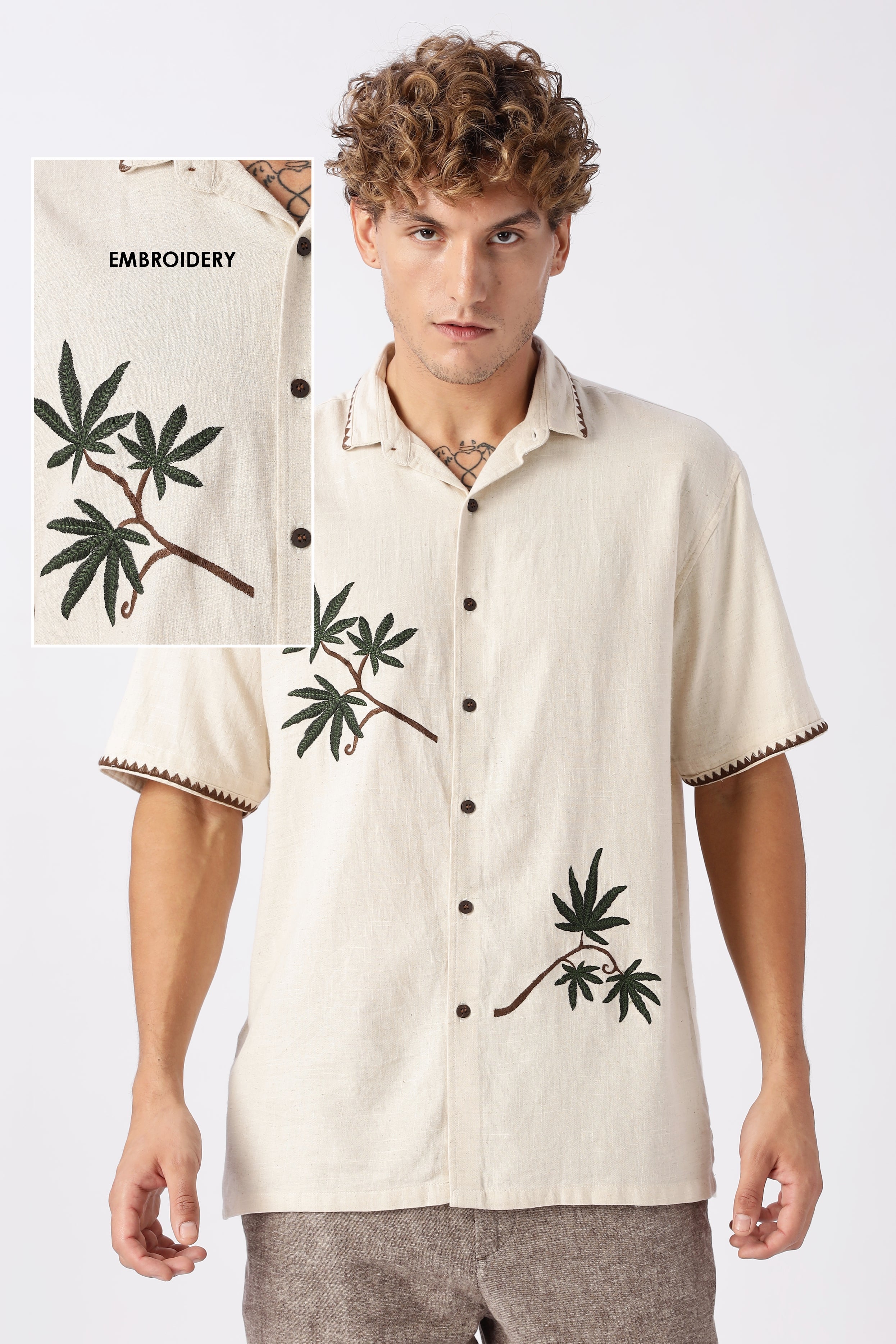 Cannabis Sativa Beige Embroidered Cuban Shirt