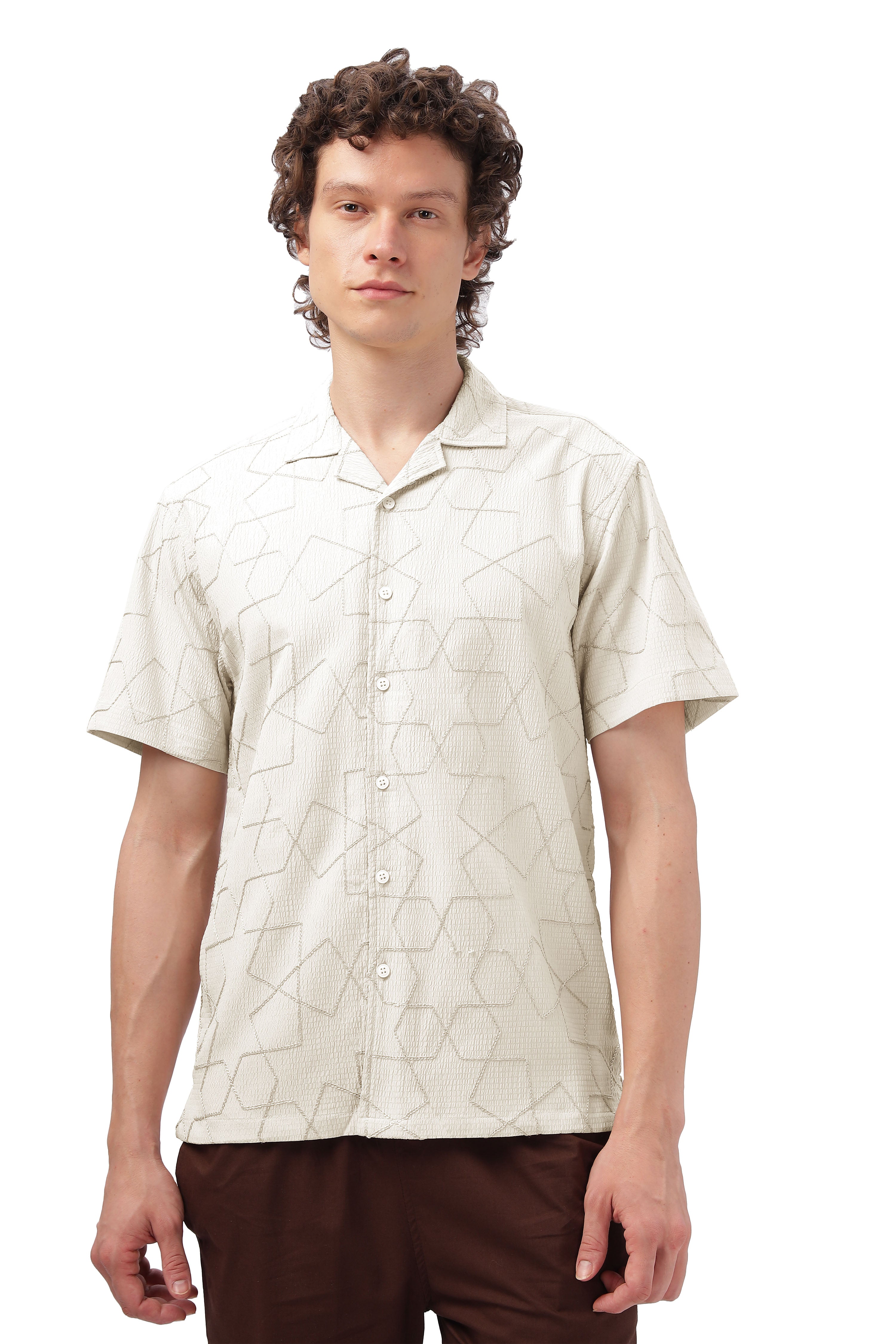 Cuban Collar Embroidery Half Sleeve Shirt