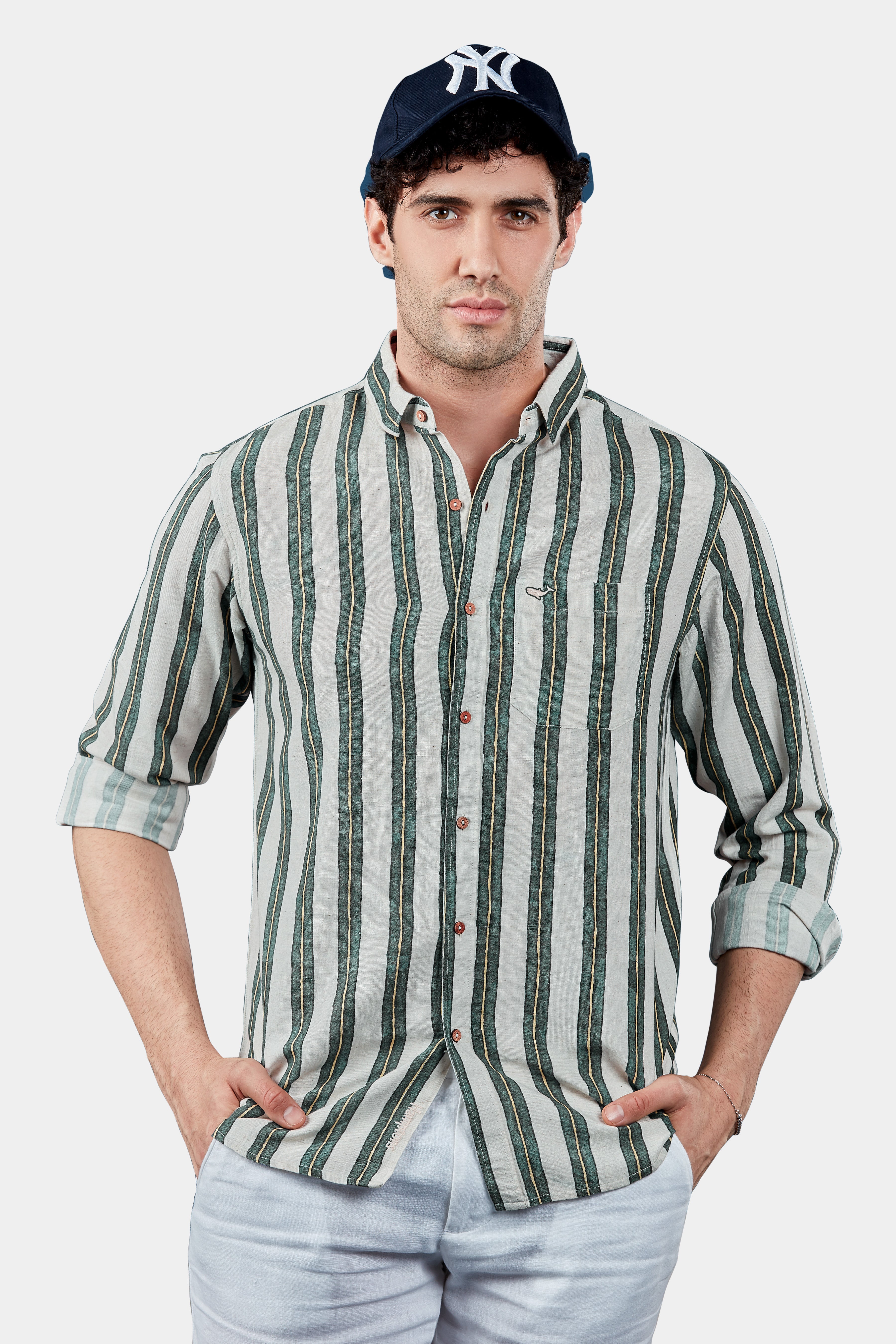 Poseidon Green Linen Stripes Shirt