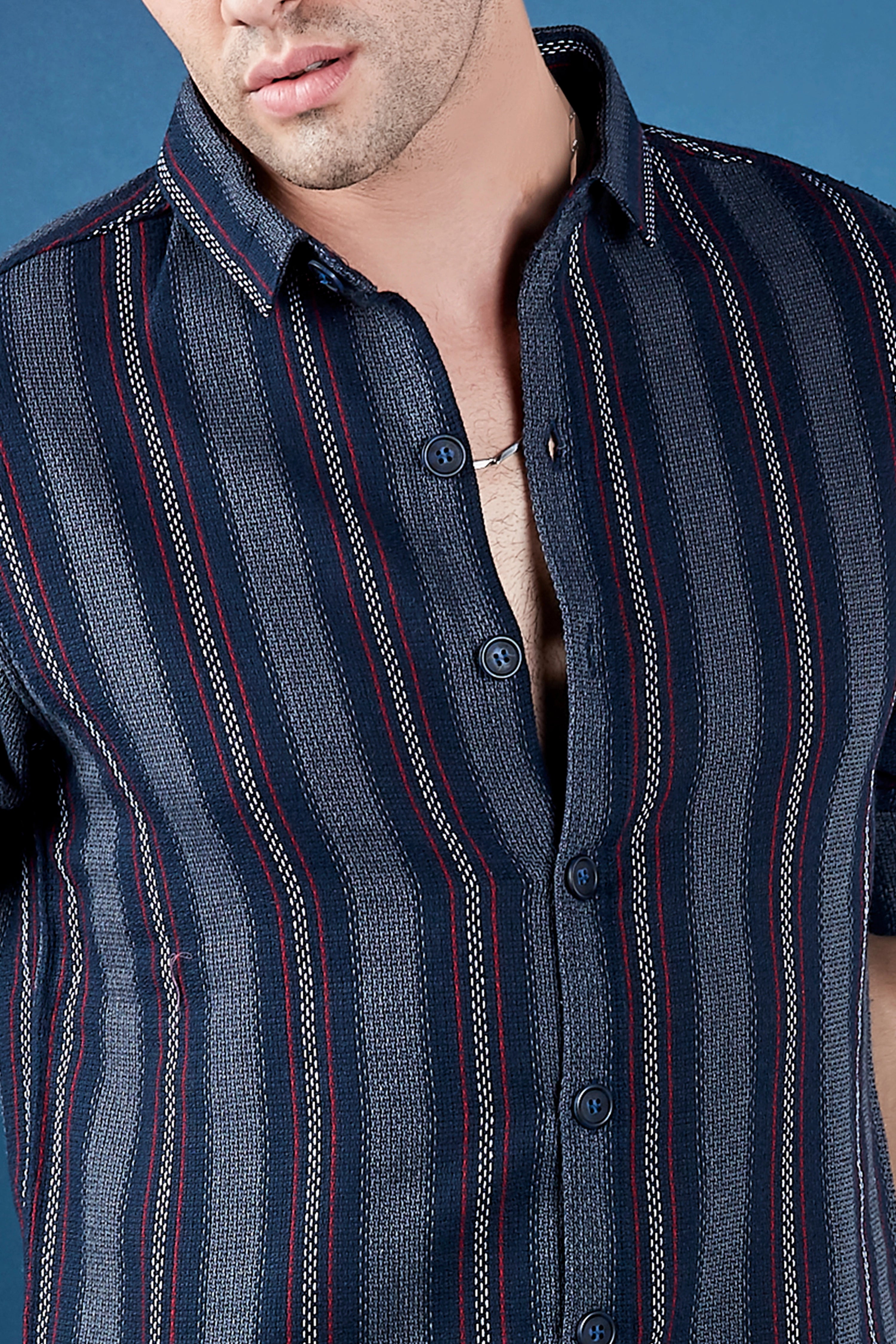 Marine Blue Casual Stripes Shirt