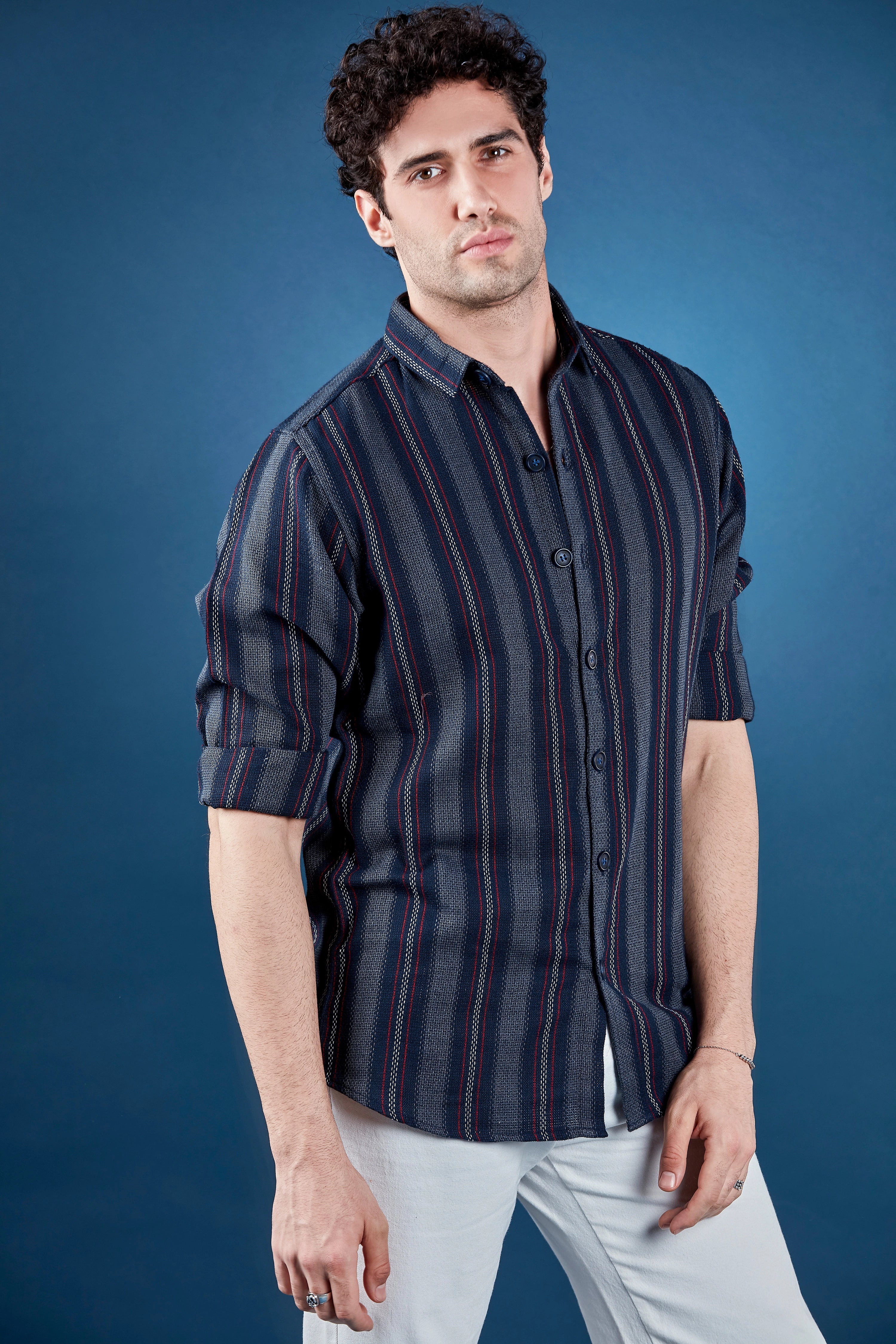 Marine Blue Casual Stripes Shirt