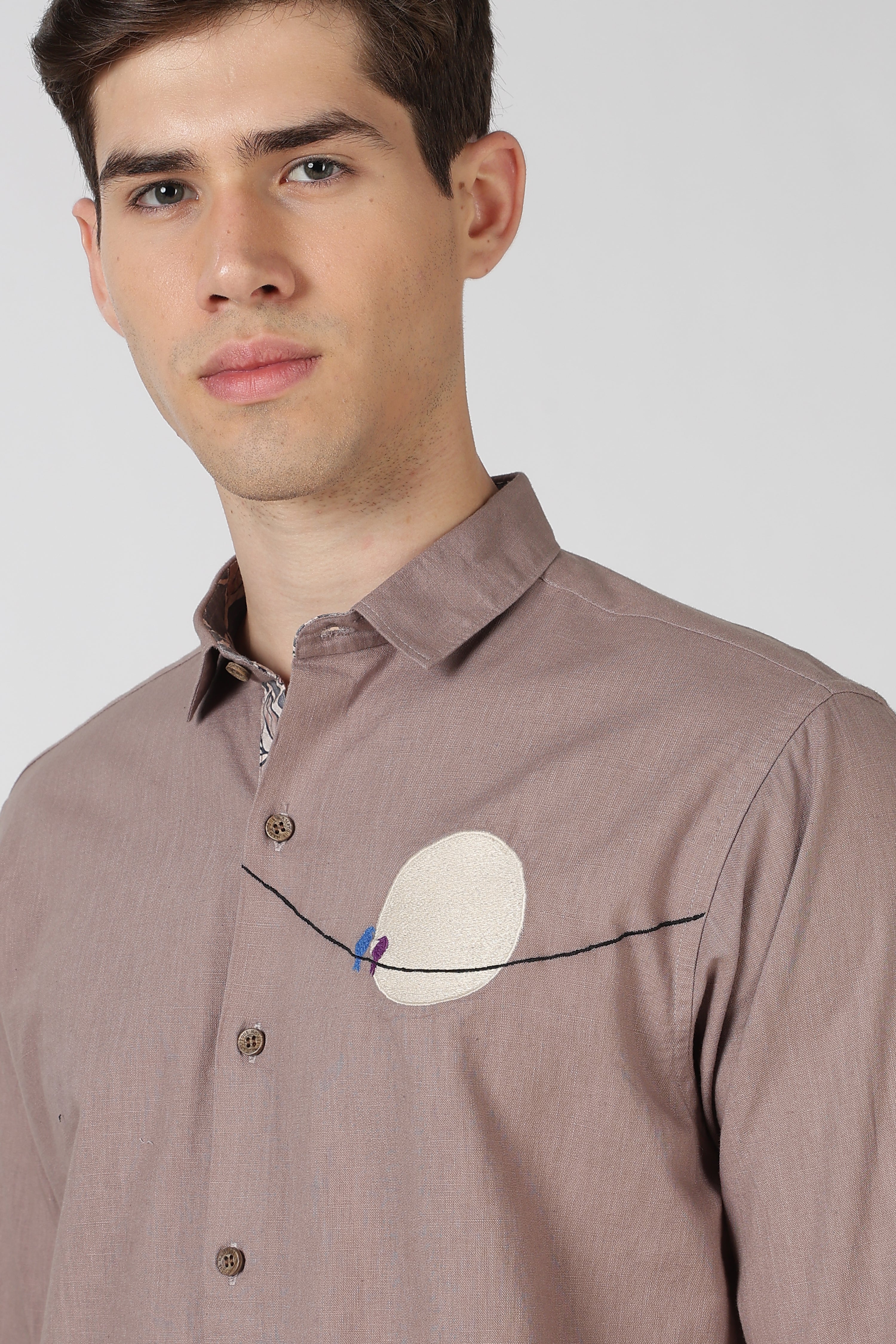 Moon TinyBirds Cotton Regular Fit Rose Brown Embroidered Shirt