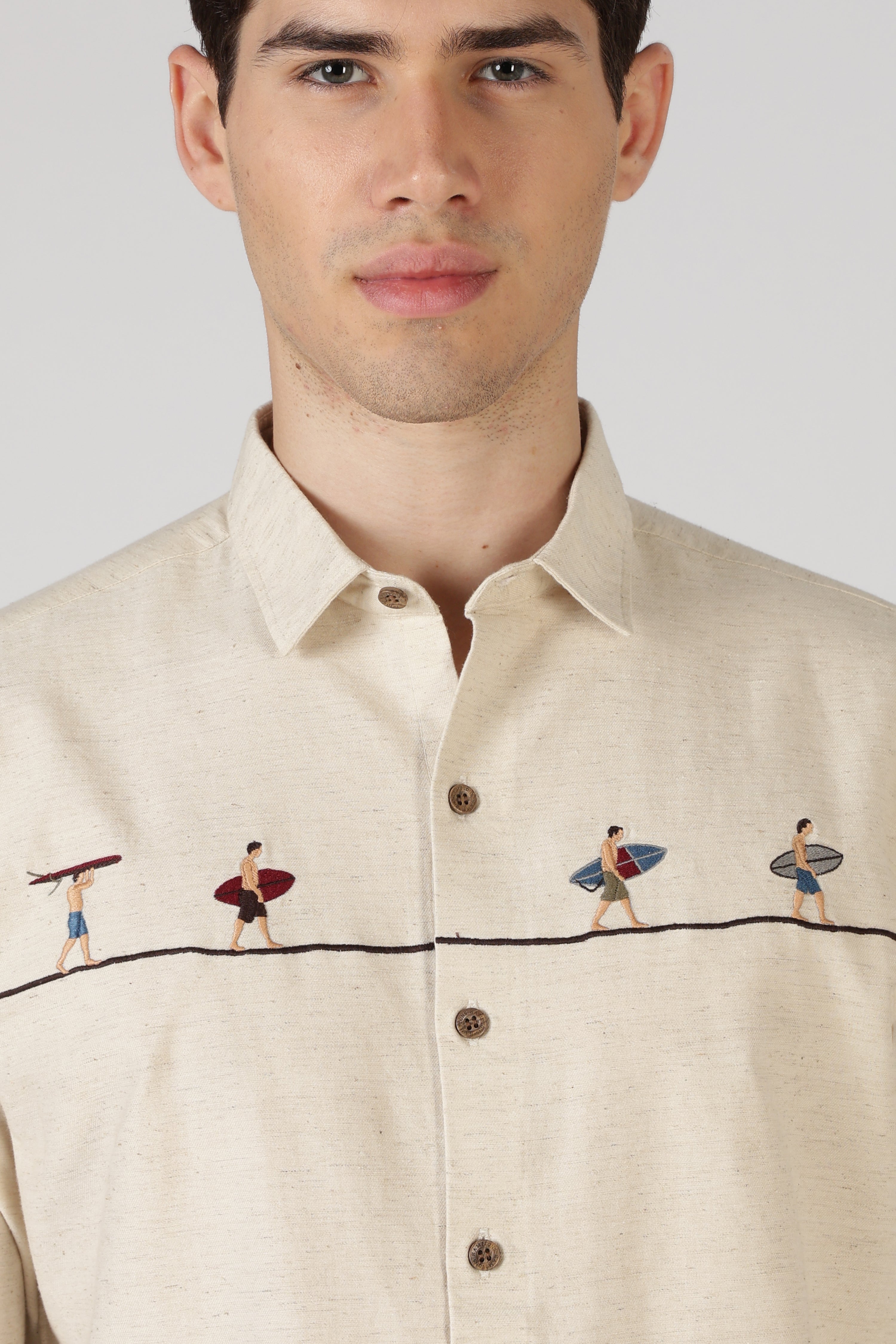 Surfers Wave Walk Cotton Regular Fit Beige Embroidered Shirt