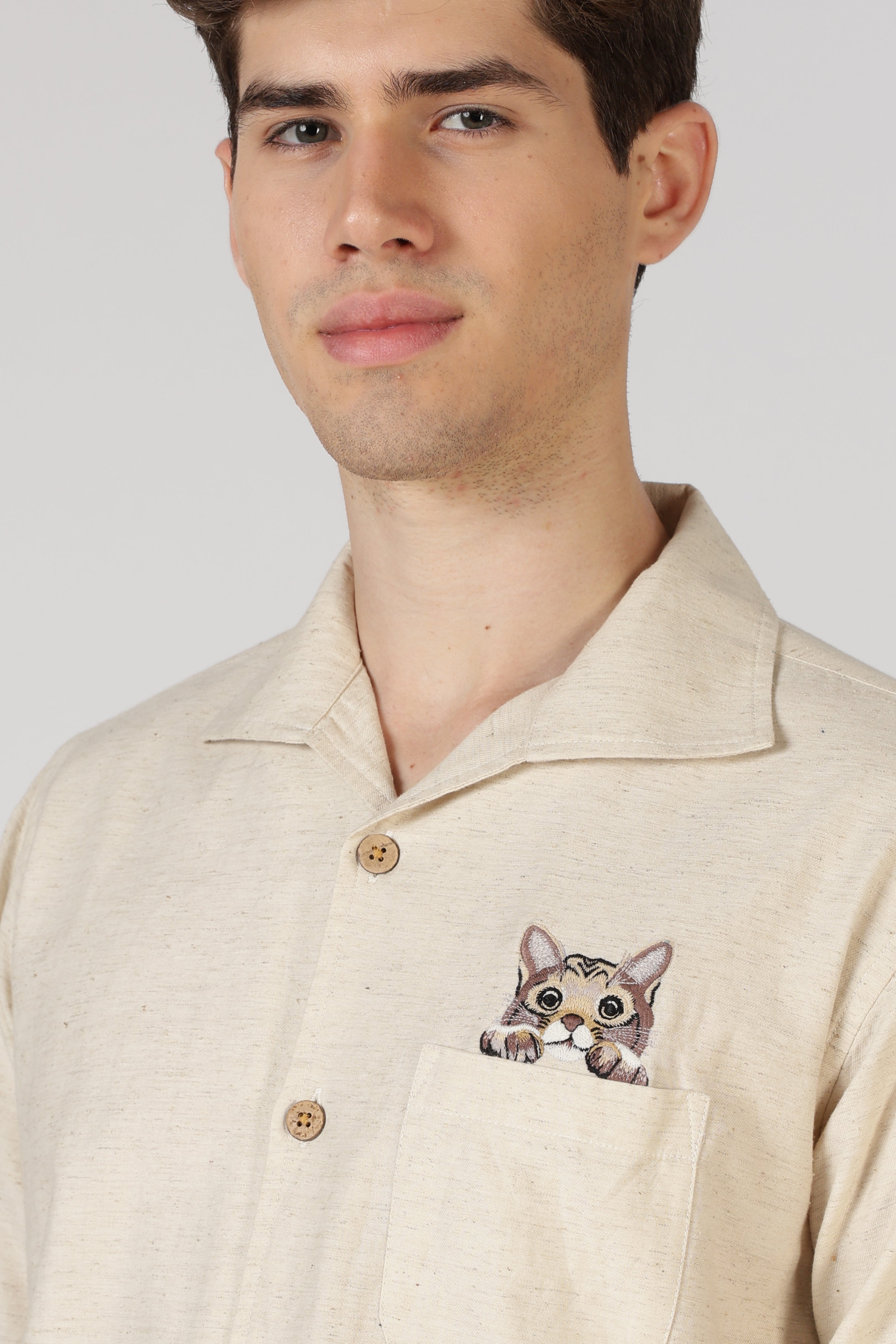 Curious Paws Cooper Collar Beige 100% Cotton Embroidered Shirt