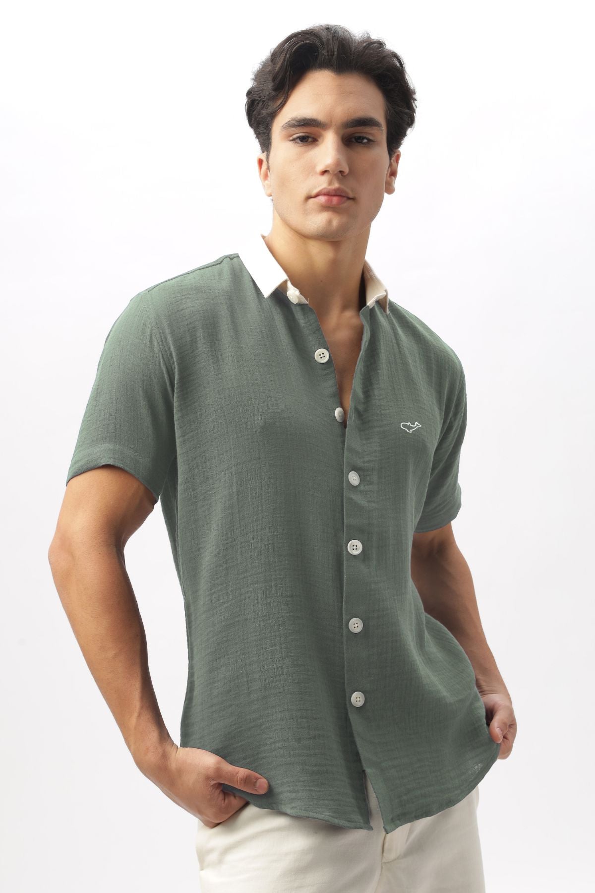 Siberian Green Old Money Contrast Collar Shirt