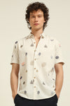 All Over Palm Cotton Regular Fit Beige Embroidered Shirt