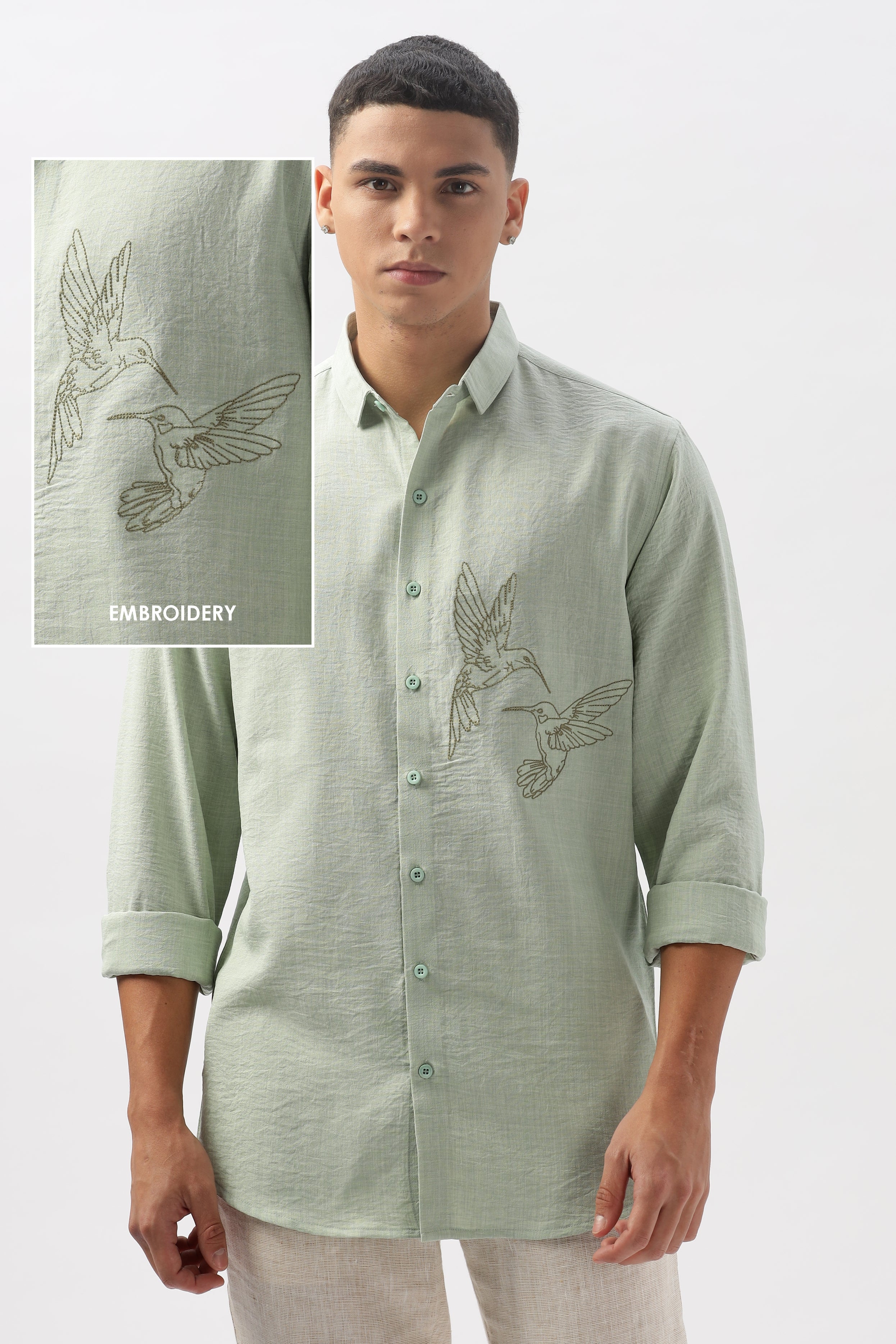 Humming(way) Birds Vienna Green Embroidery Shirt