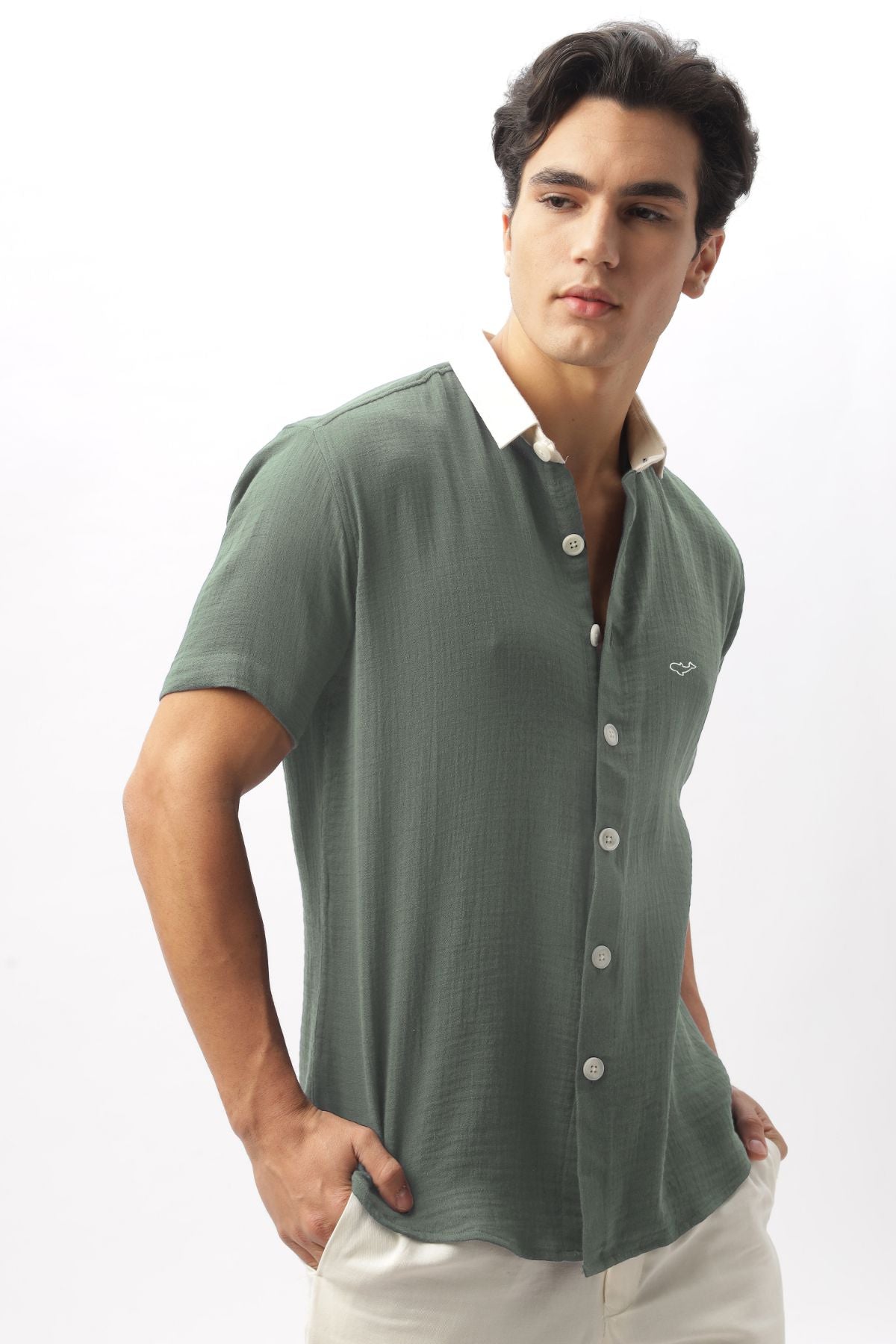 Siberian Green Old Money Contrast Collar Shirt