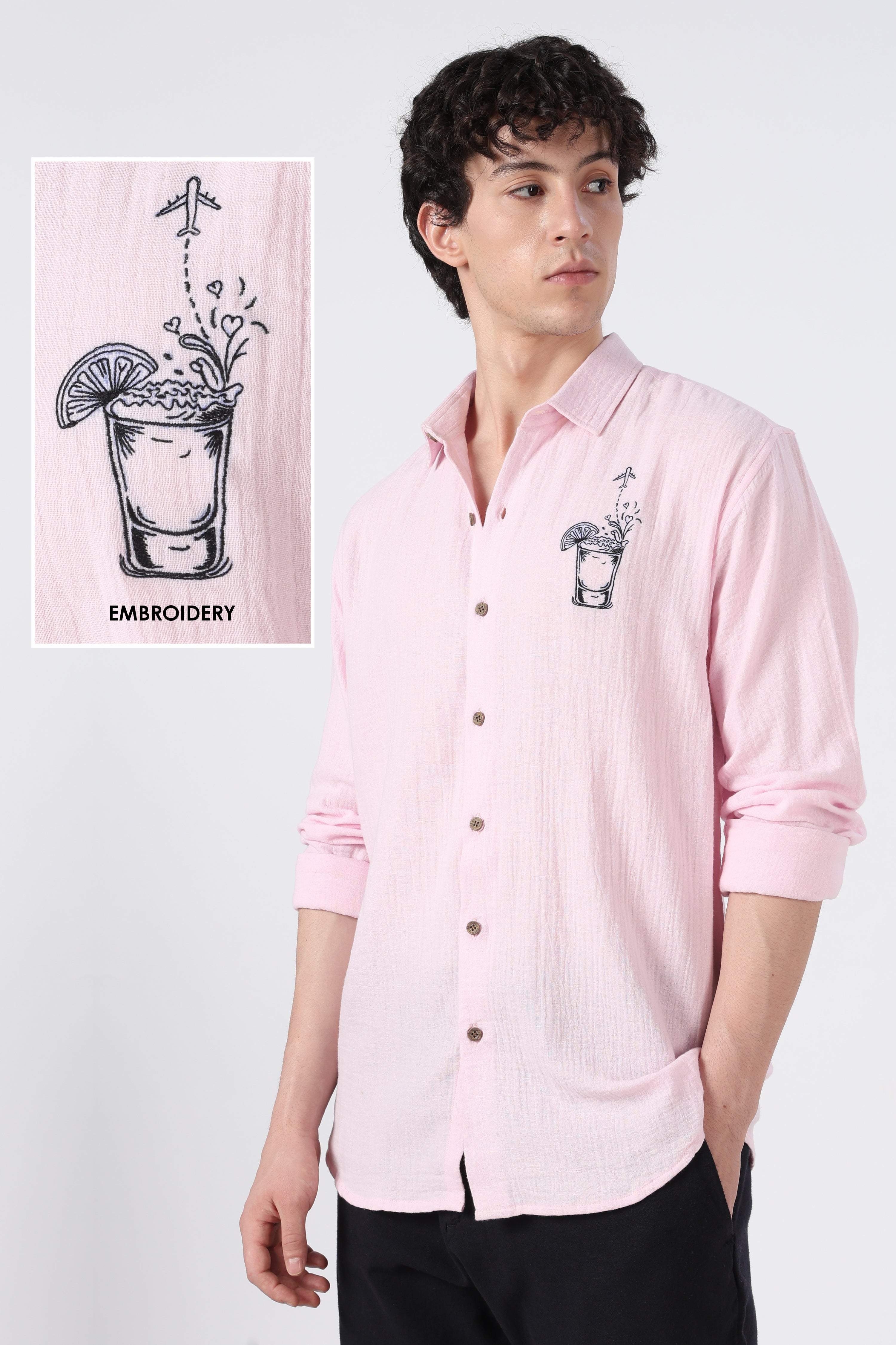 Traveller's favourite Regular Fit 100% Cotton Muslin Double Cloth Pink Embroidered Shirt
