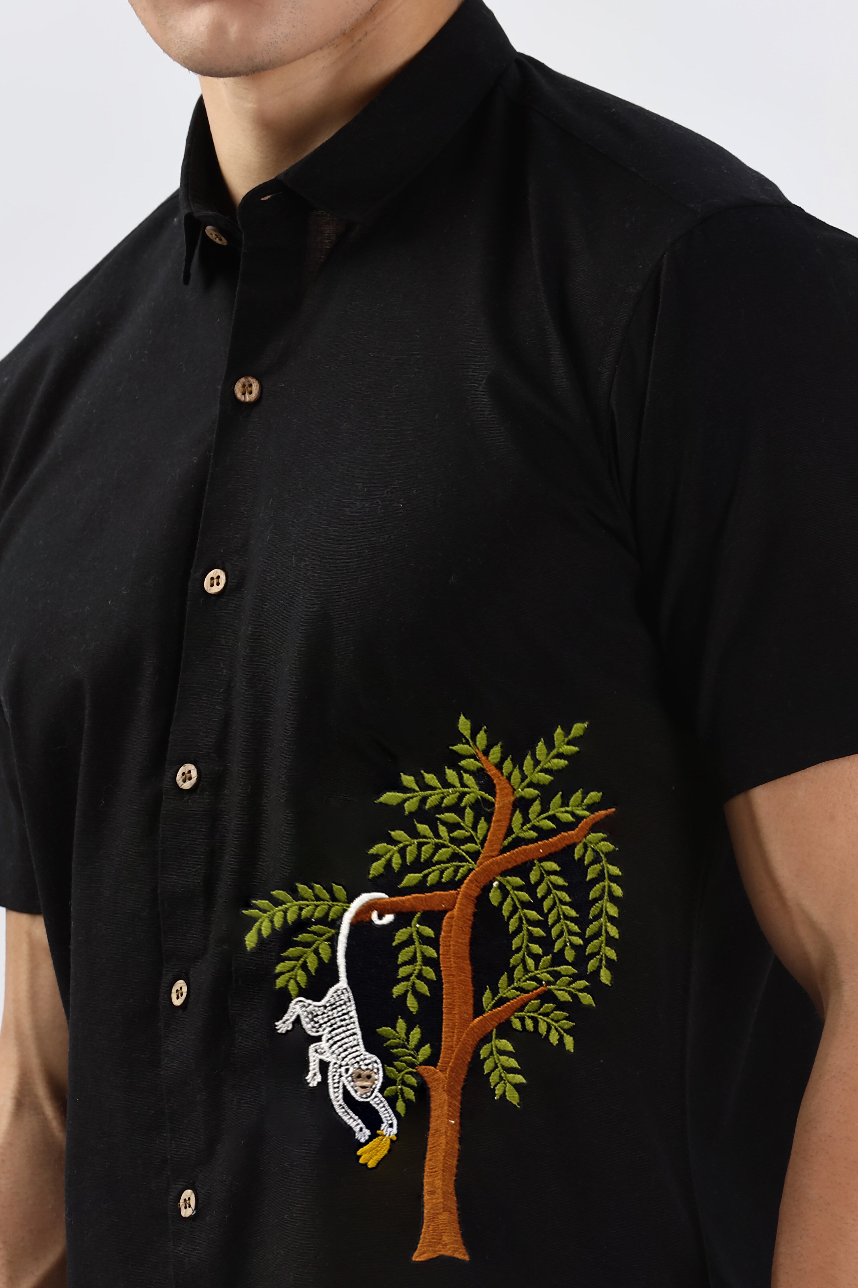 Banana Heist in Burma Cotton Regular Fit Black Embroidered Shirt