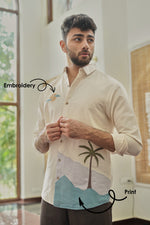 Coastal Mirage Cotton Regular Fit Beige Embroidered Shirt