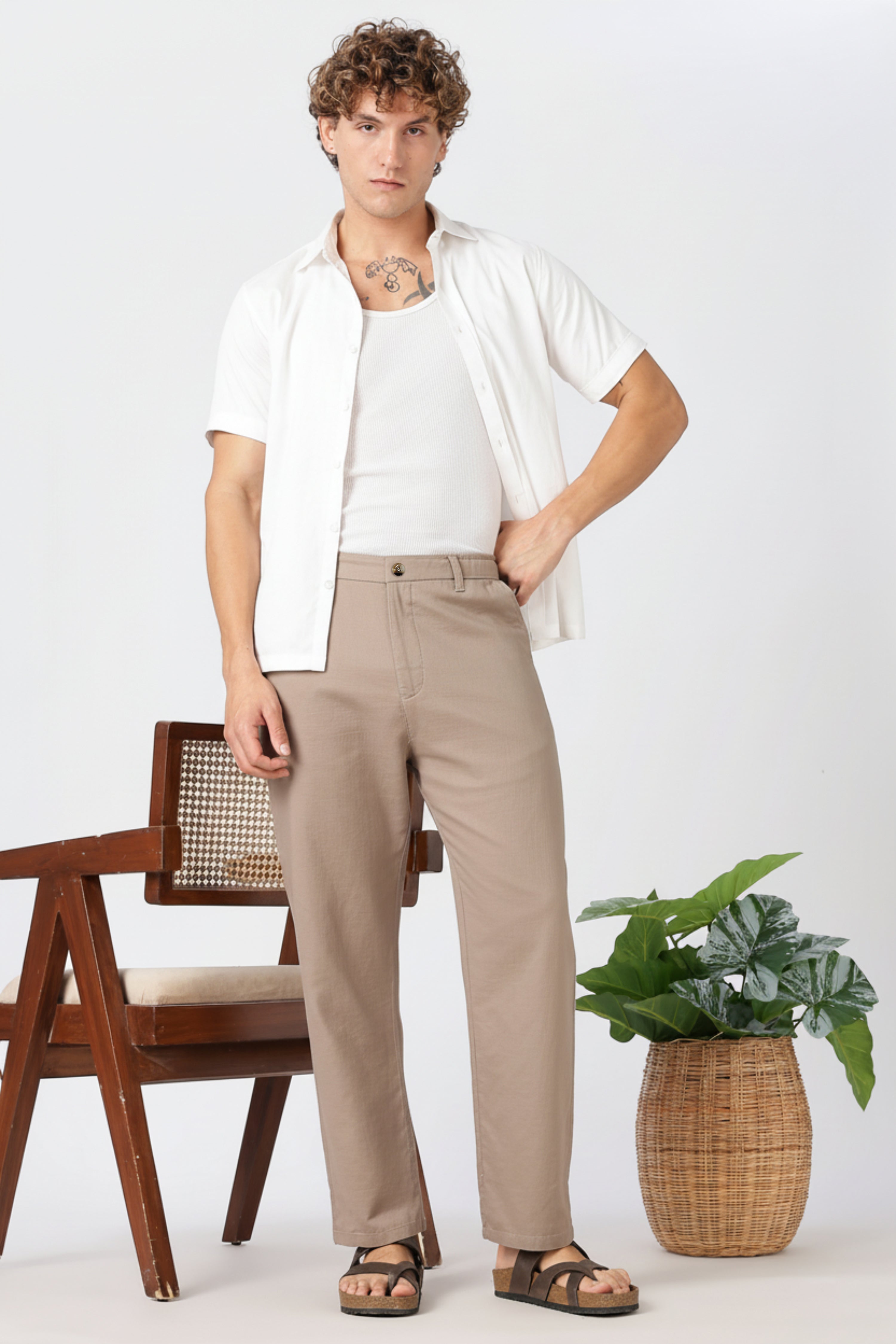 Linen-style 100% Cotton Straight Fit Beige Pant