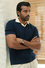 Navy Contrast Collar Flat Knit Polo