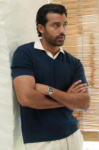 Navy Contrast Collar Flat Knit Polo