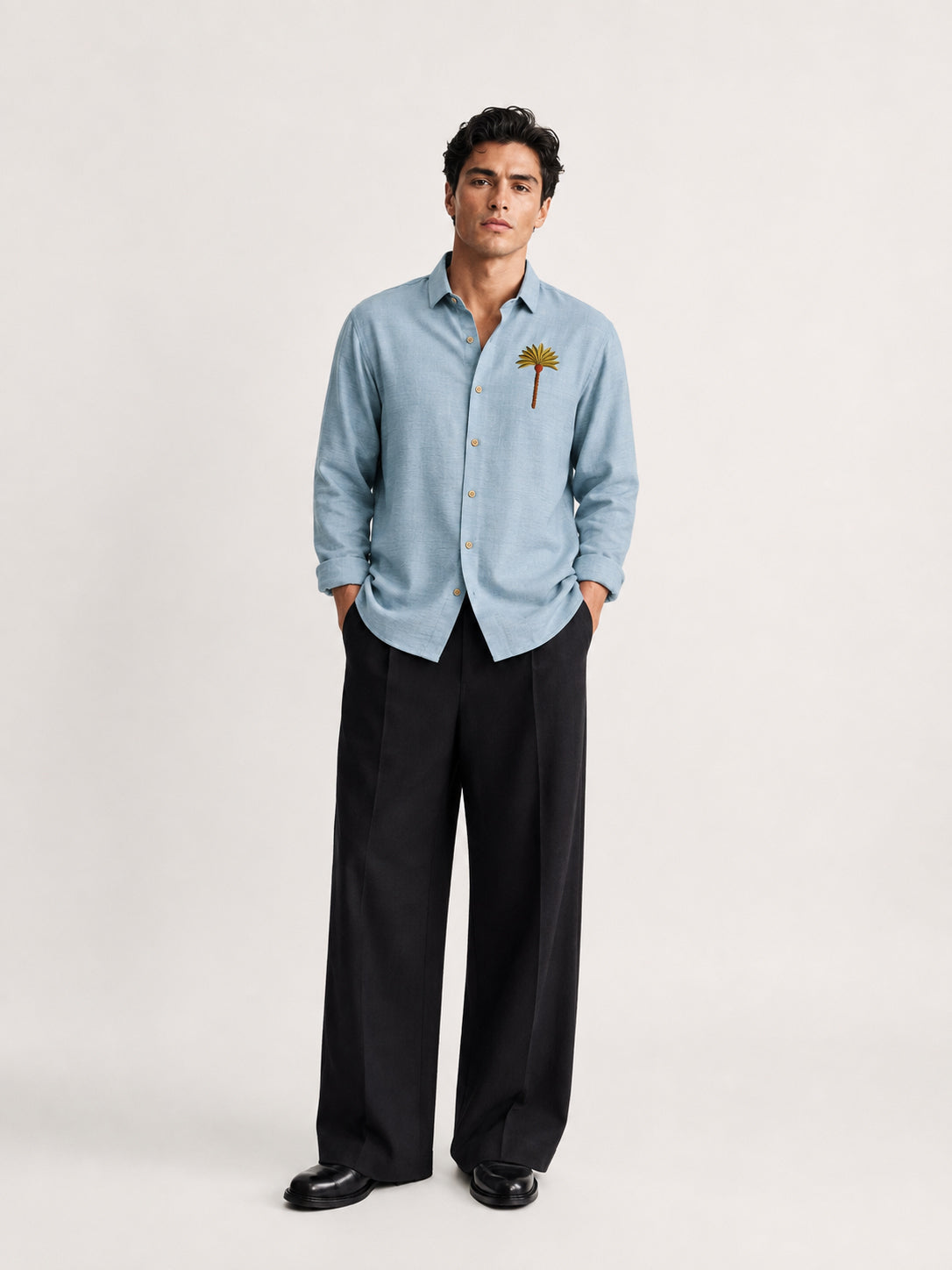 Palm Cove Breeze Cotton Regular Fit Blue Embroidered Shirt