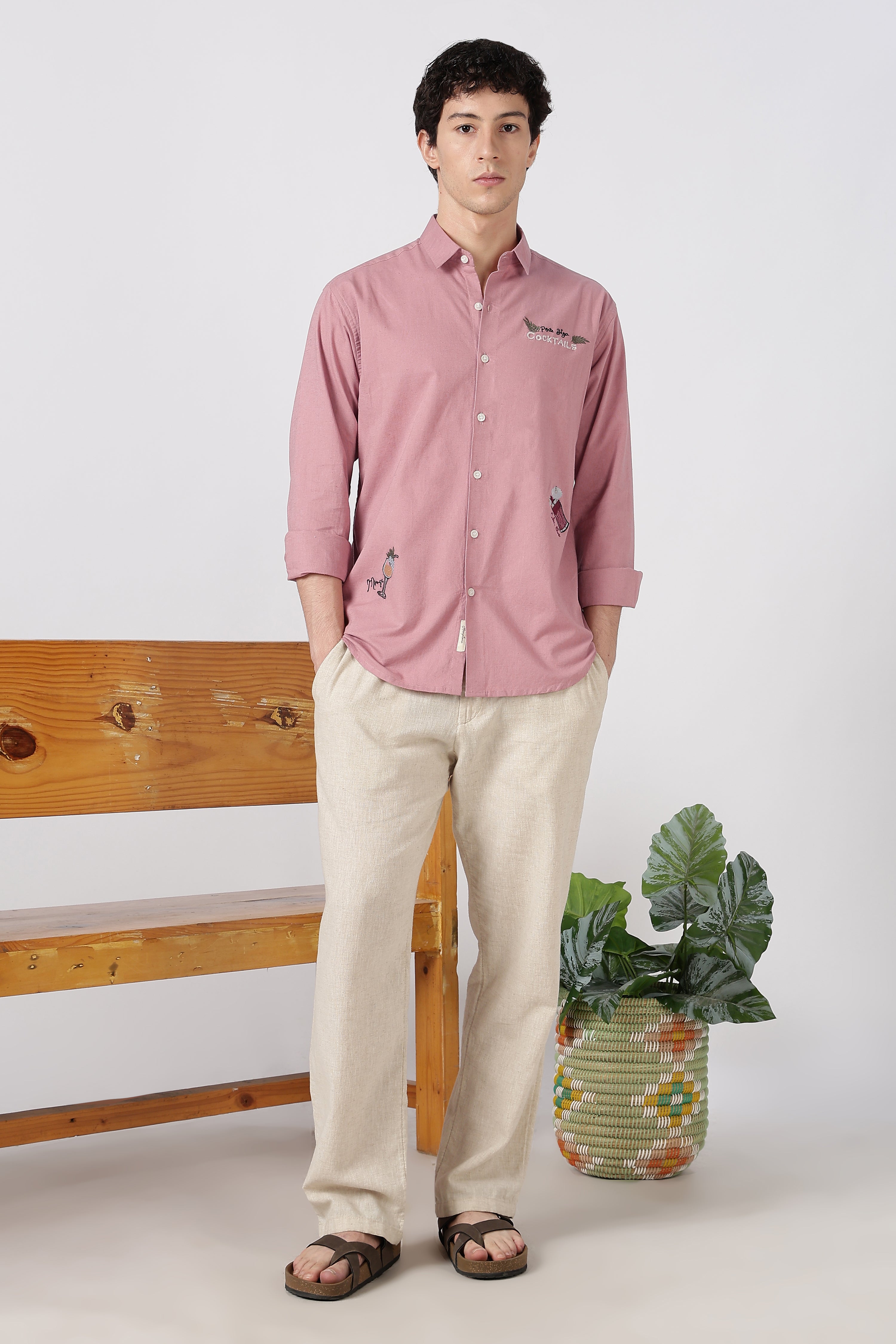 Cocktail-Themed Cotton Regular Fit Dusty Pink Embroidered Shirt