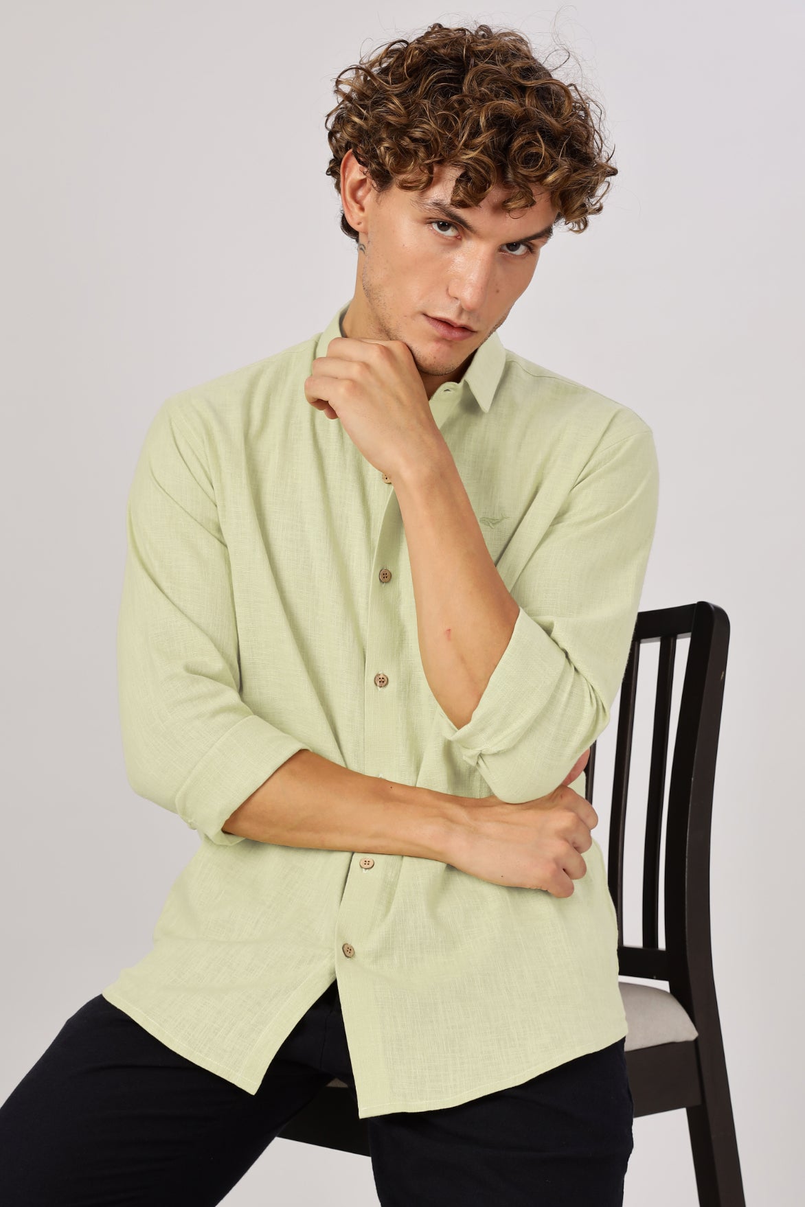 Light Green 100% Cotton Mock-Linen Essential Shirt