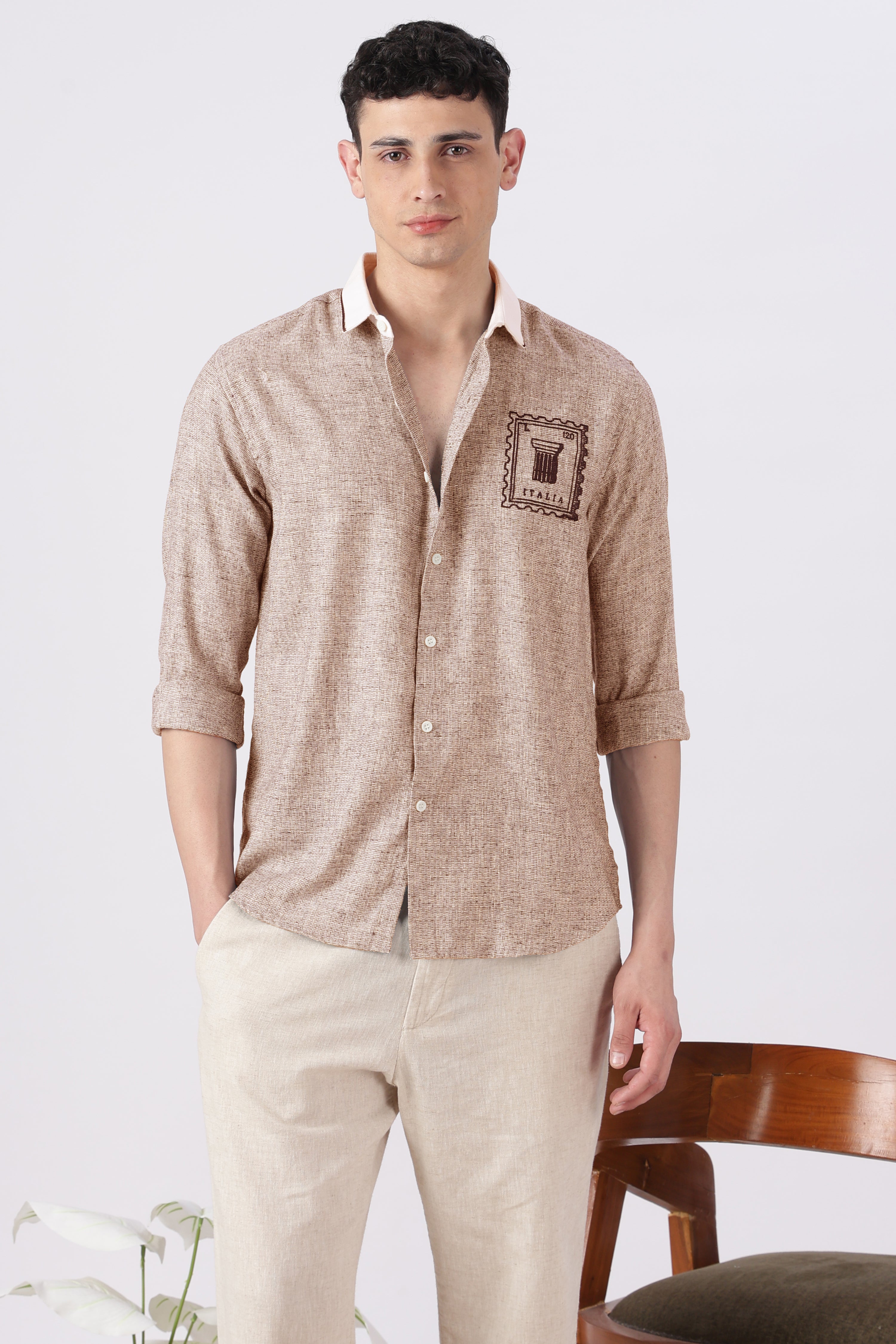 Italia Stamp Cotton Regular Fit Brown Embroidered Shirt
