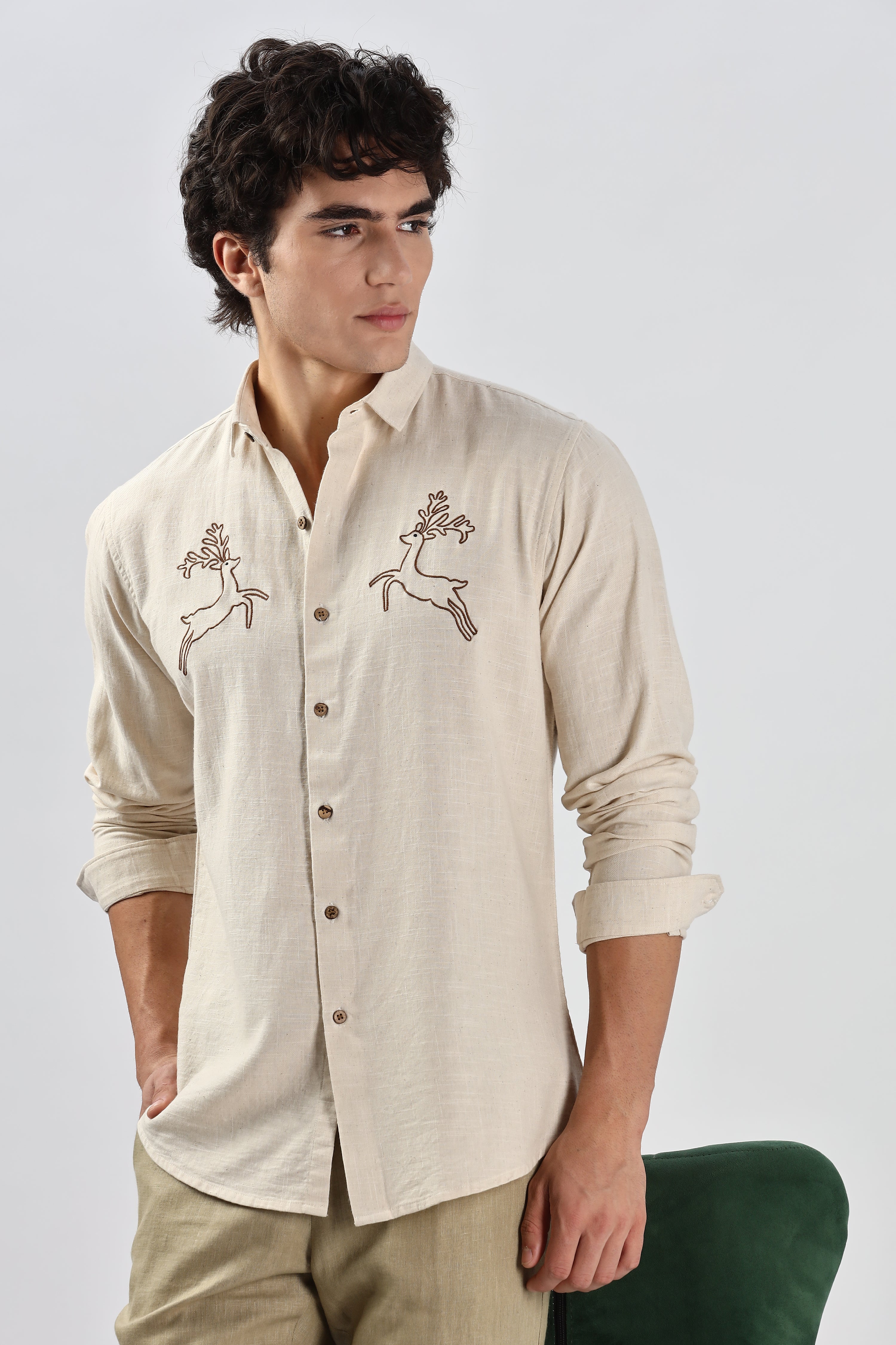 Hopping Pronghorn Beige Embroidery Shirt