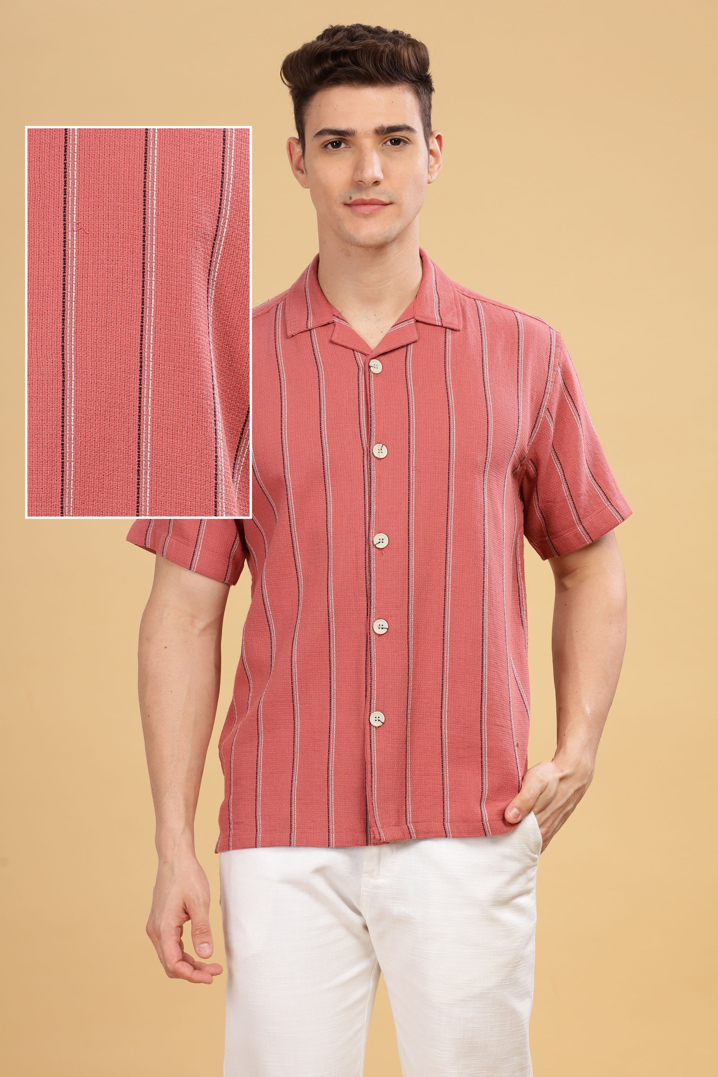 Rice knit Stripes Camp Collar Shirt