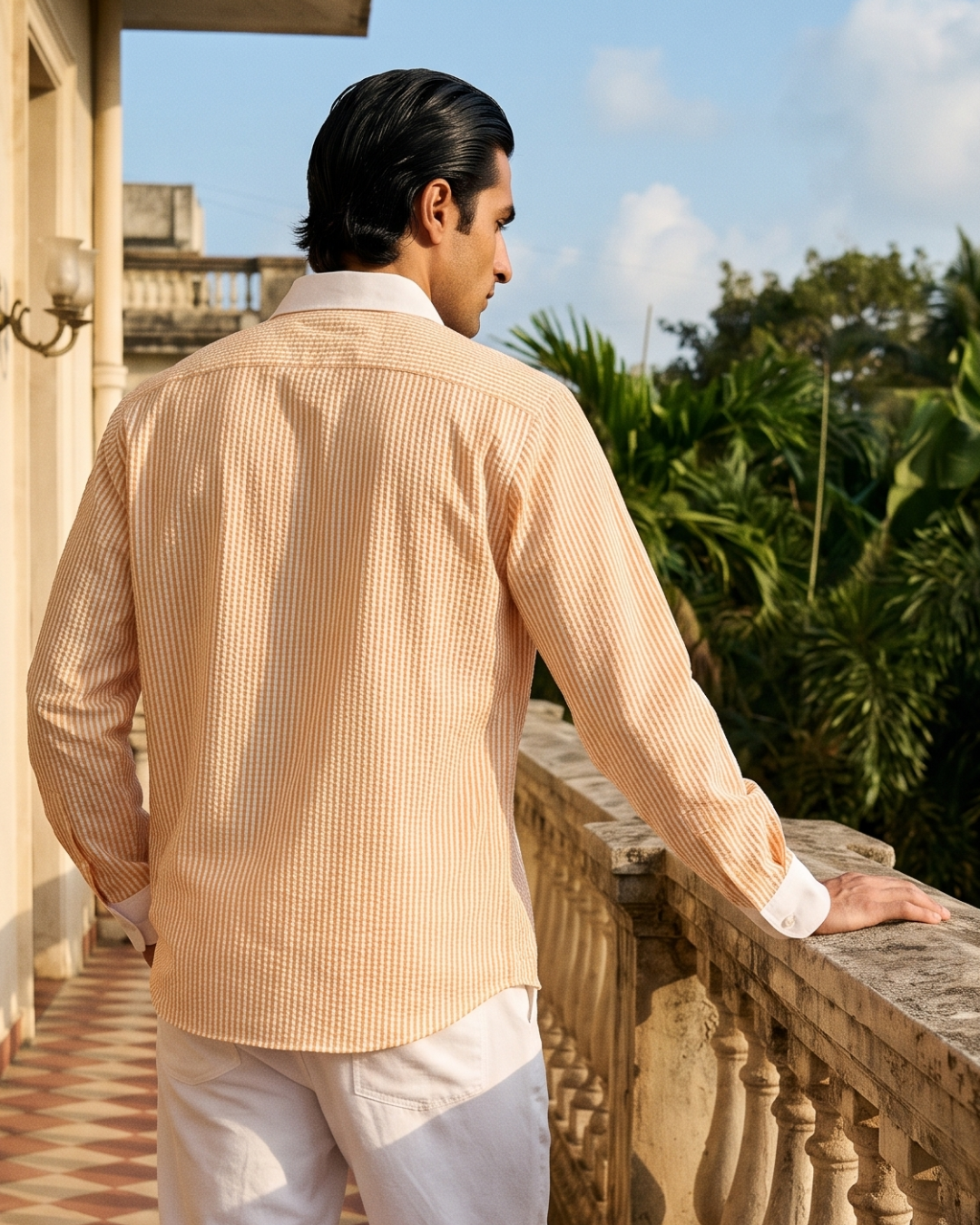 Coastal Seersucker- 80s Wide Collar Shirt
