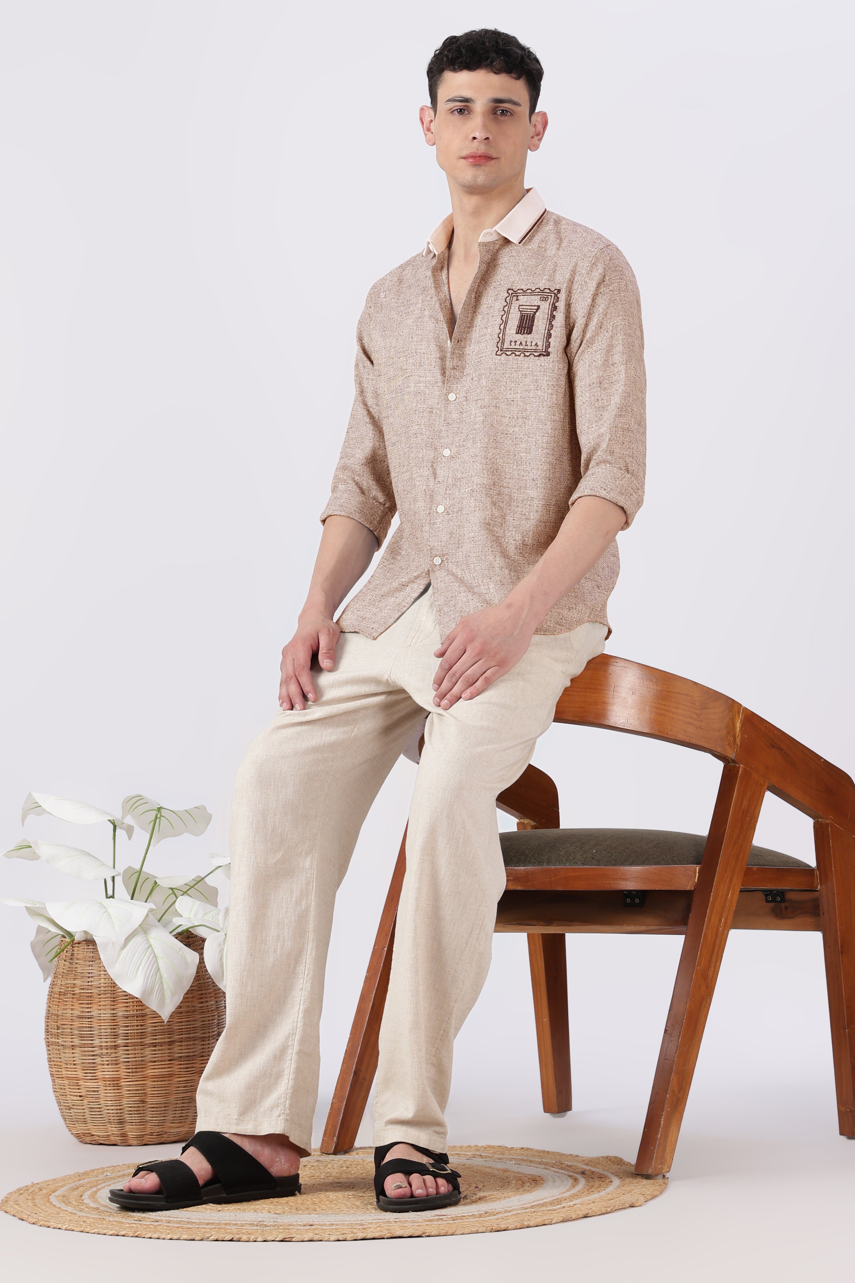 Italia Stamp Cotton Regular Fit Brown Embroidered Shirt
