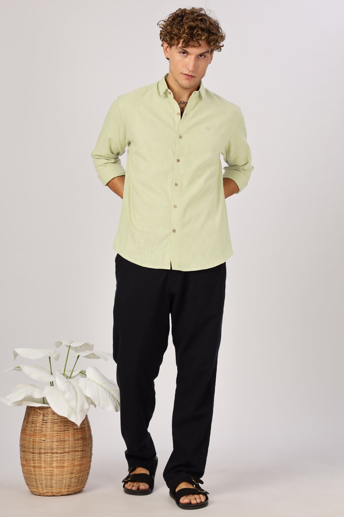 Light Green 100% Cotton Mock-Linen Essential Shirt