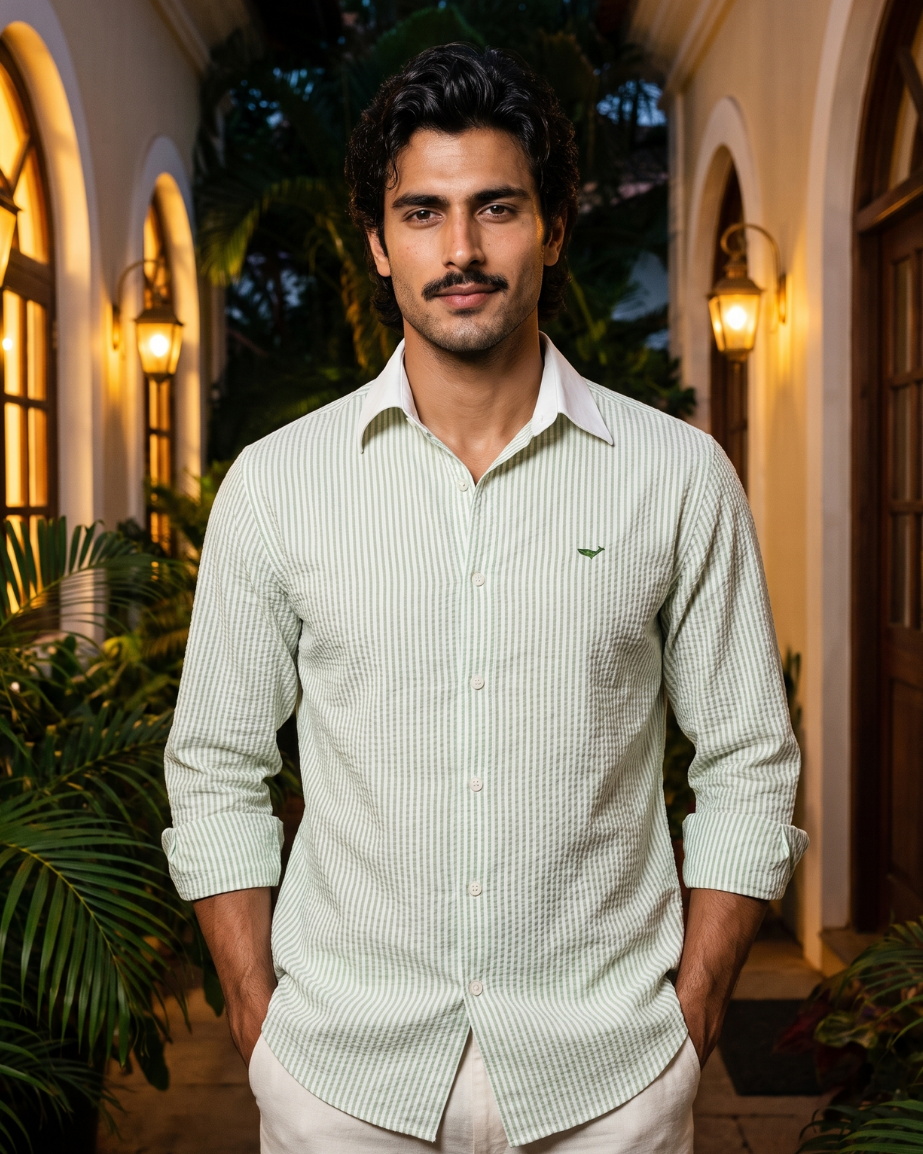 Green Seersucker Stripe- 80s Contrast Cooper Collar