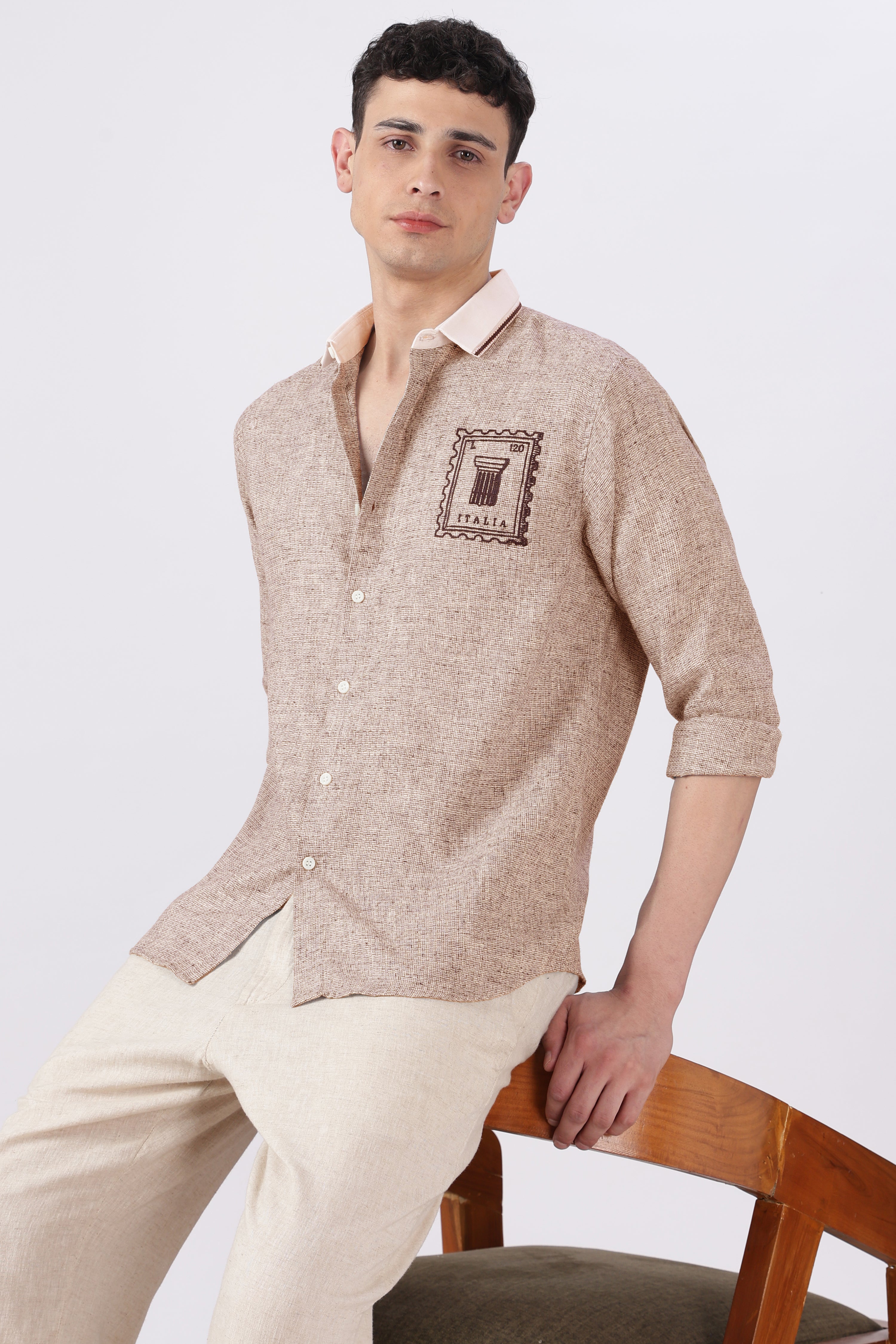 Italia Stamp Cotton Regular Fit Brown Embroidered Shirt