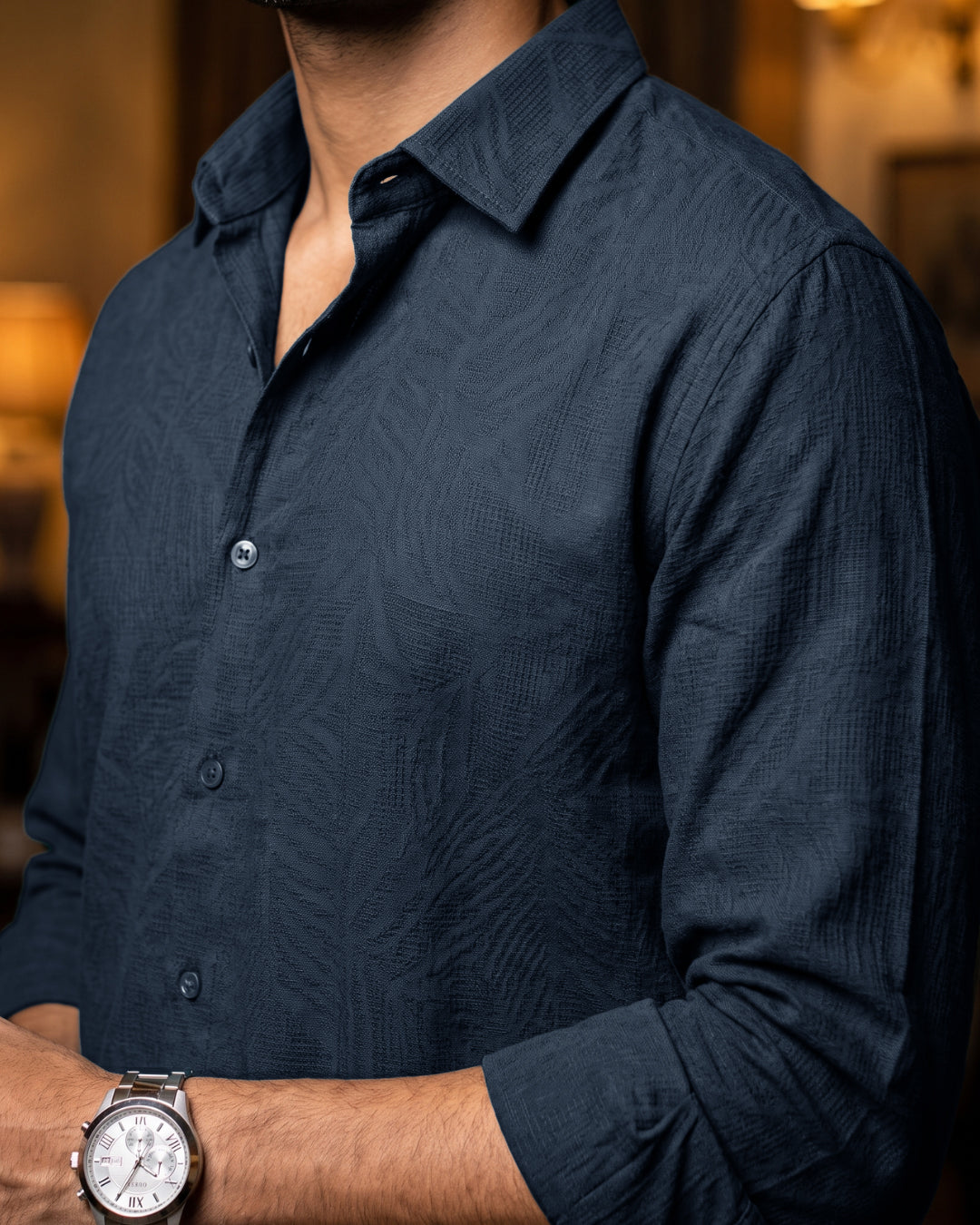 Verdant Jacquard Self Printed - Wide Collar Shirt