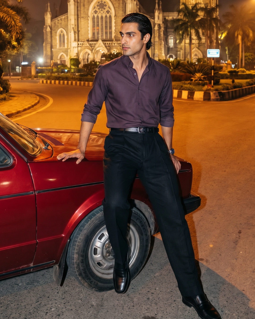 Wine toned Cotton- Button Down Wide Collar Shirt