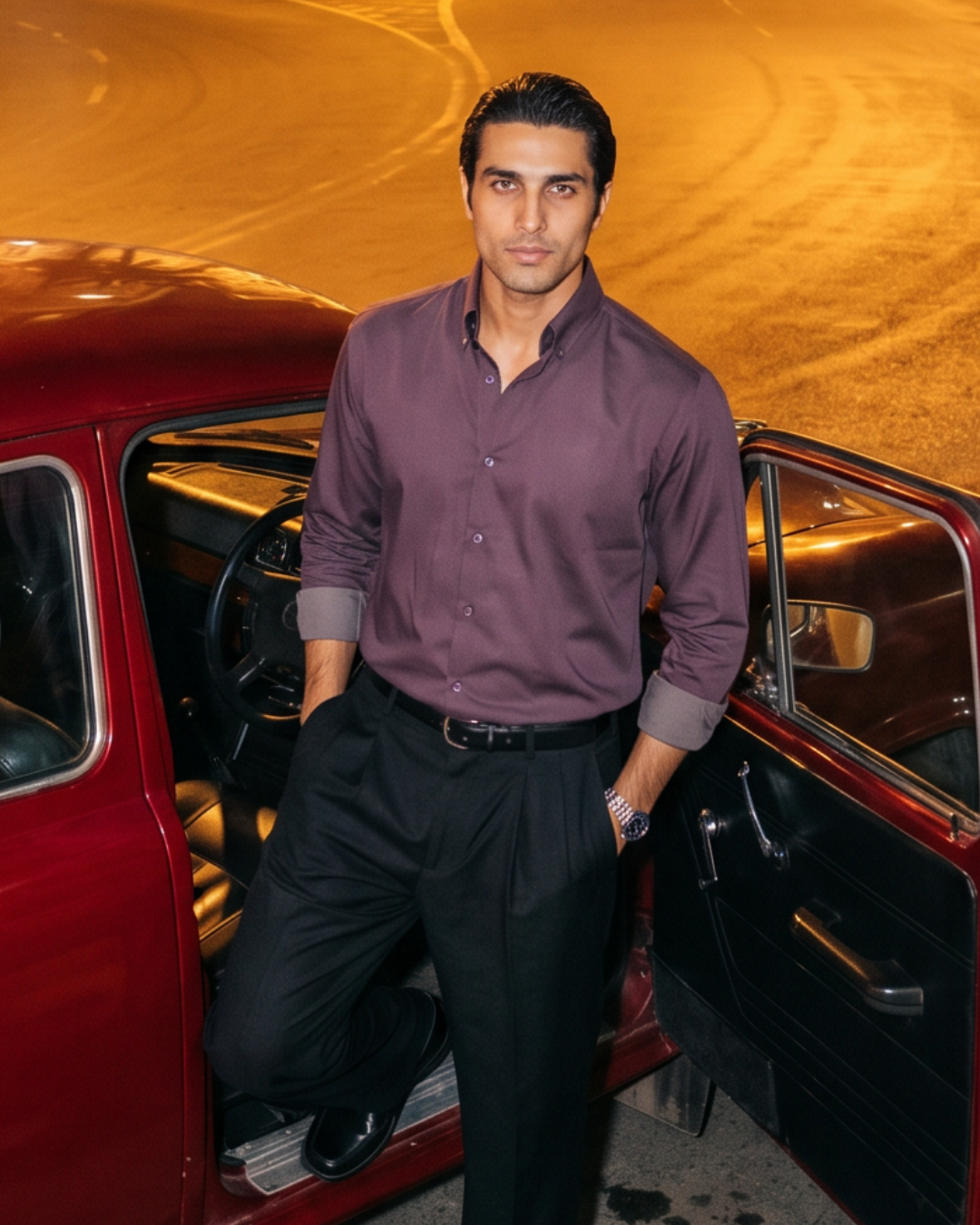 Wine toned Cotton- Button Down Wide Collar Shirt