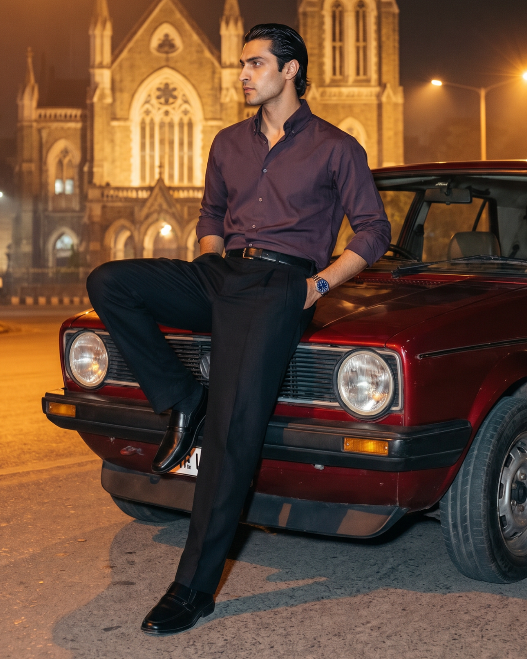 Wine toned Cotton- Button Down Wide Collar Shirt