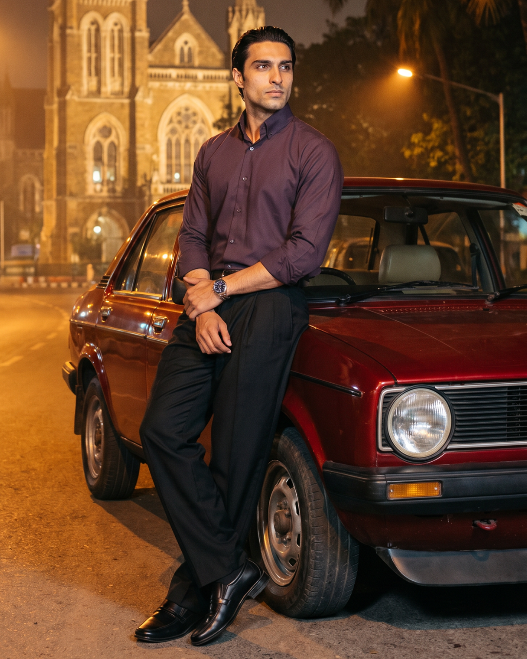 Wine toned Cotton- Button Down Wide Collar Shirt