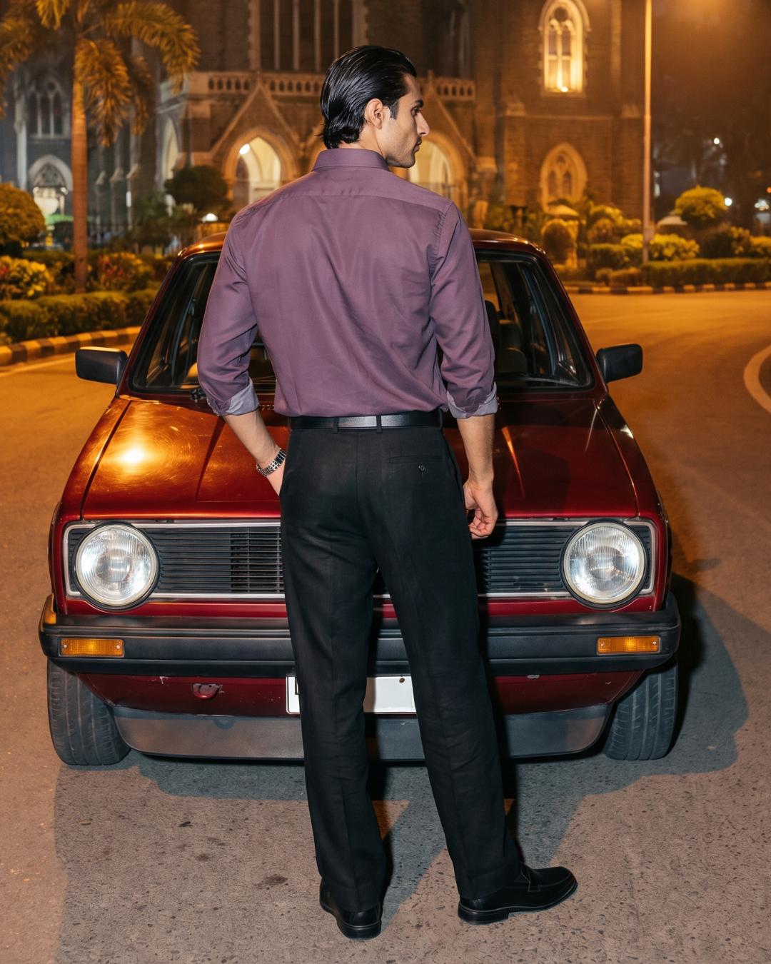 Wine toned Cotton- Button Down Wide Collar Shirt
