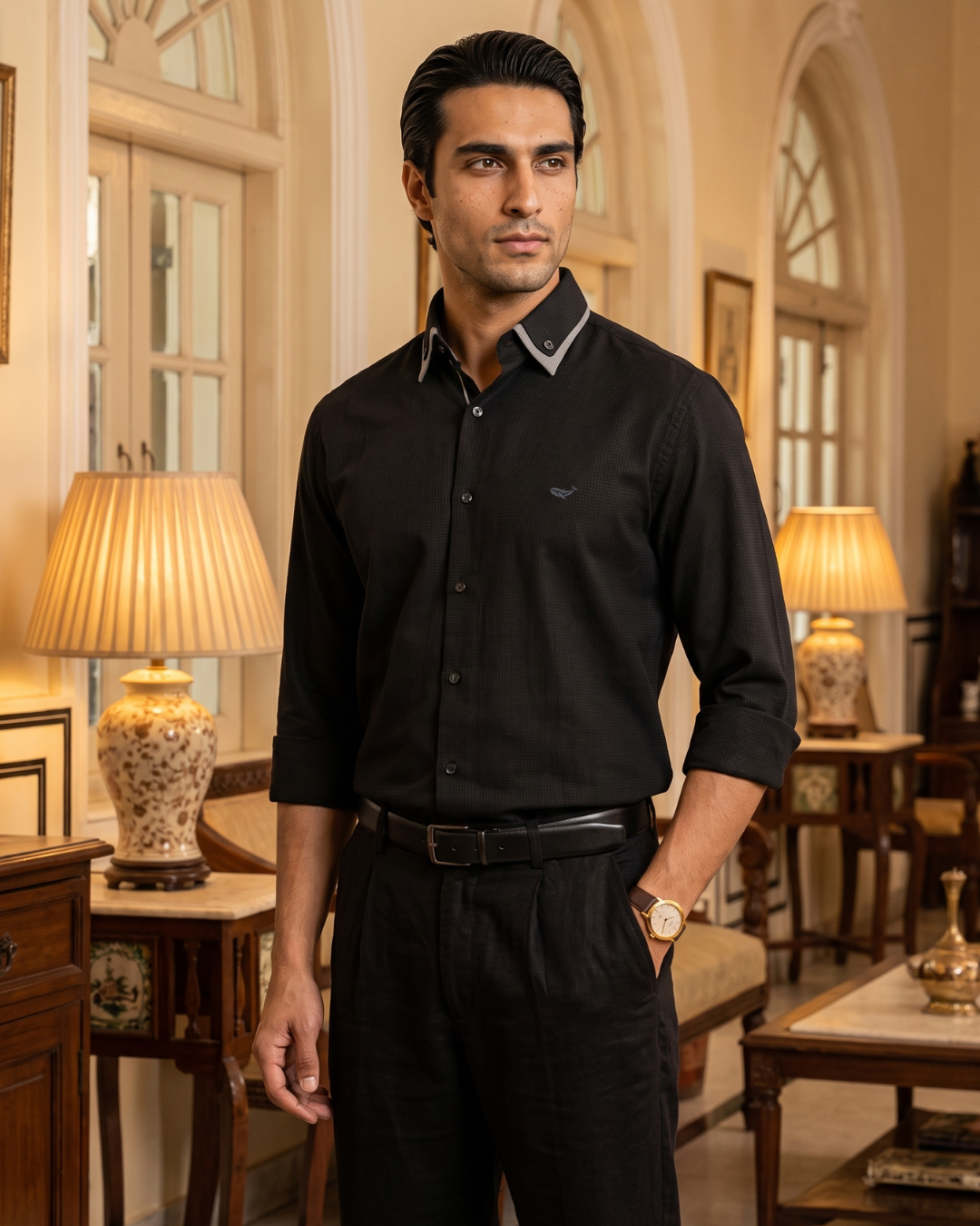 Midnight Black Grid–Tonal Buttons With Contrast Collar Shirt